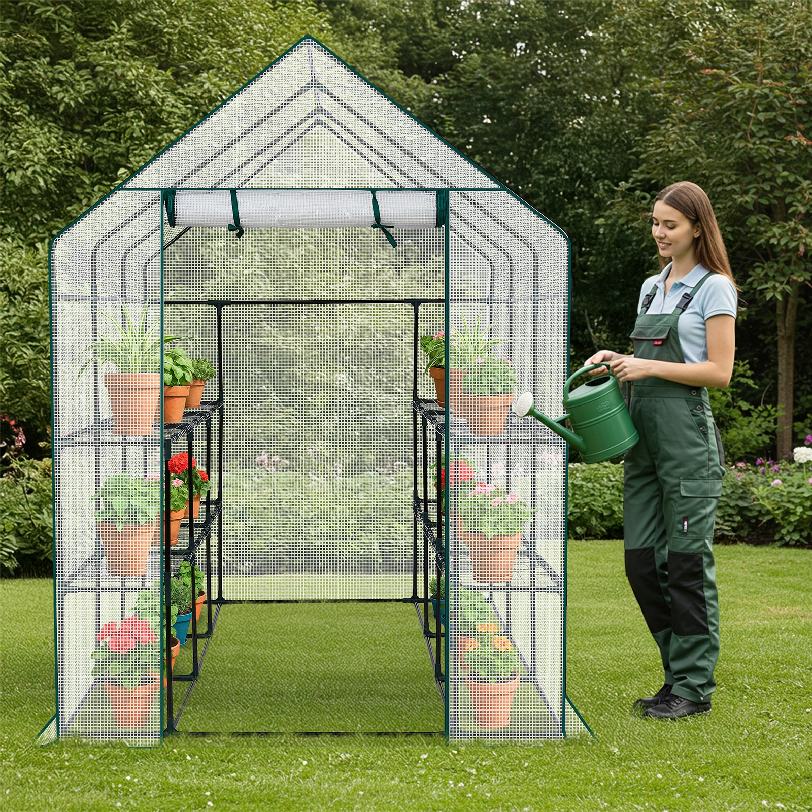 Portable Walk-in Greenhouse with PE Cover & Side Windows Waterproof