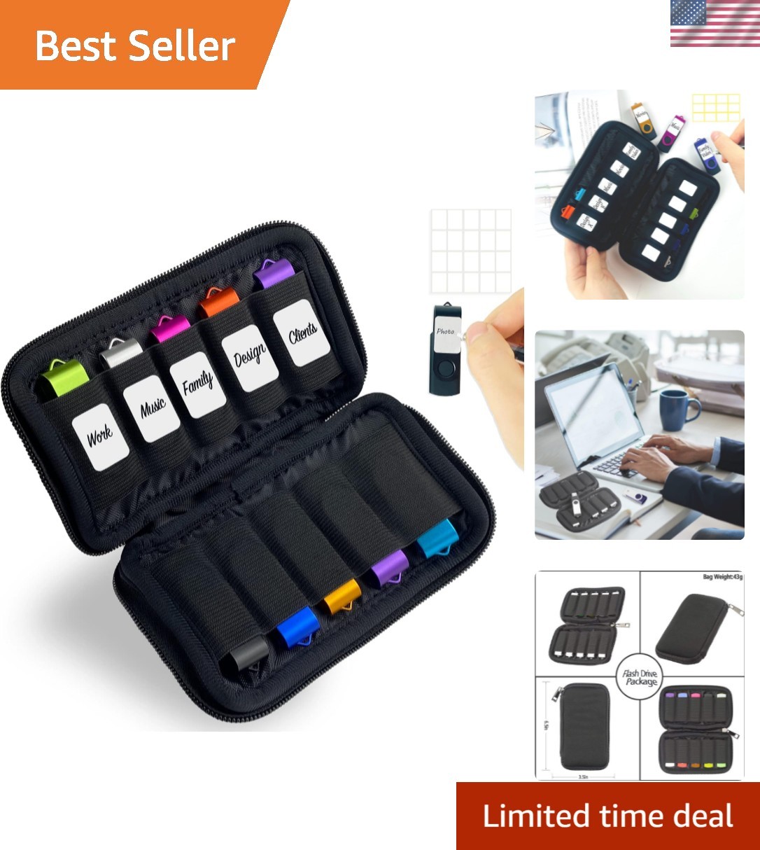 Portable Neoprene USB Storage Bag - 10 Slots with 20 Labels for Travel & Office