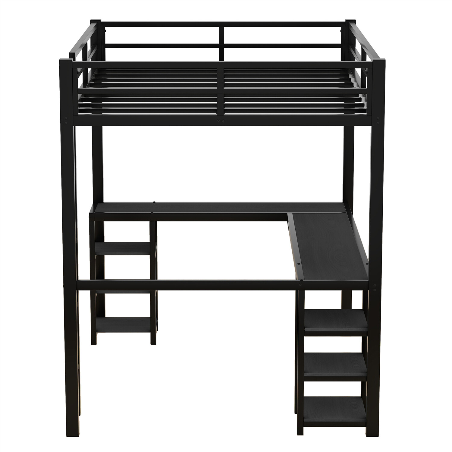 Full Size Loft Bed Metal Bed Frame w/ Desk and Storage Shelves Black