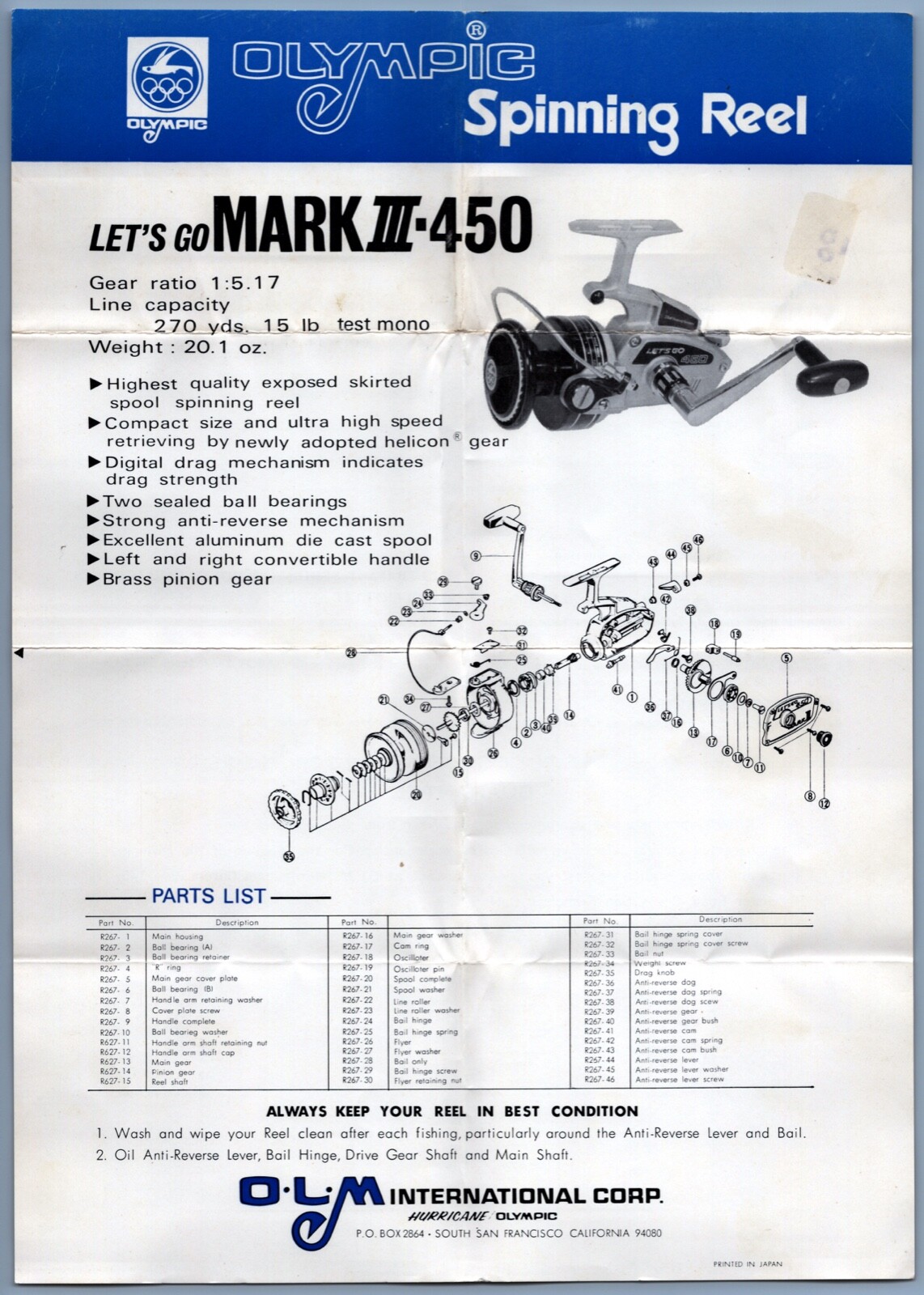 Olympic Fishing Reel Spinning Reel  Mark III - 450 Parts List Ad
