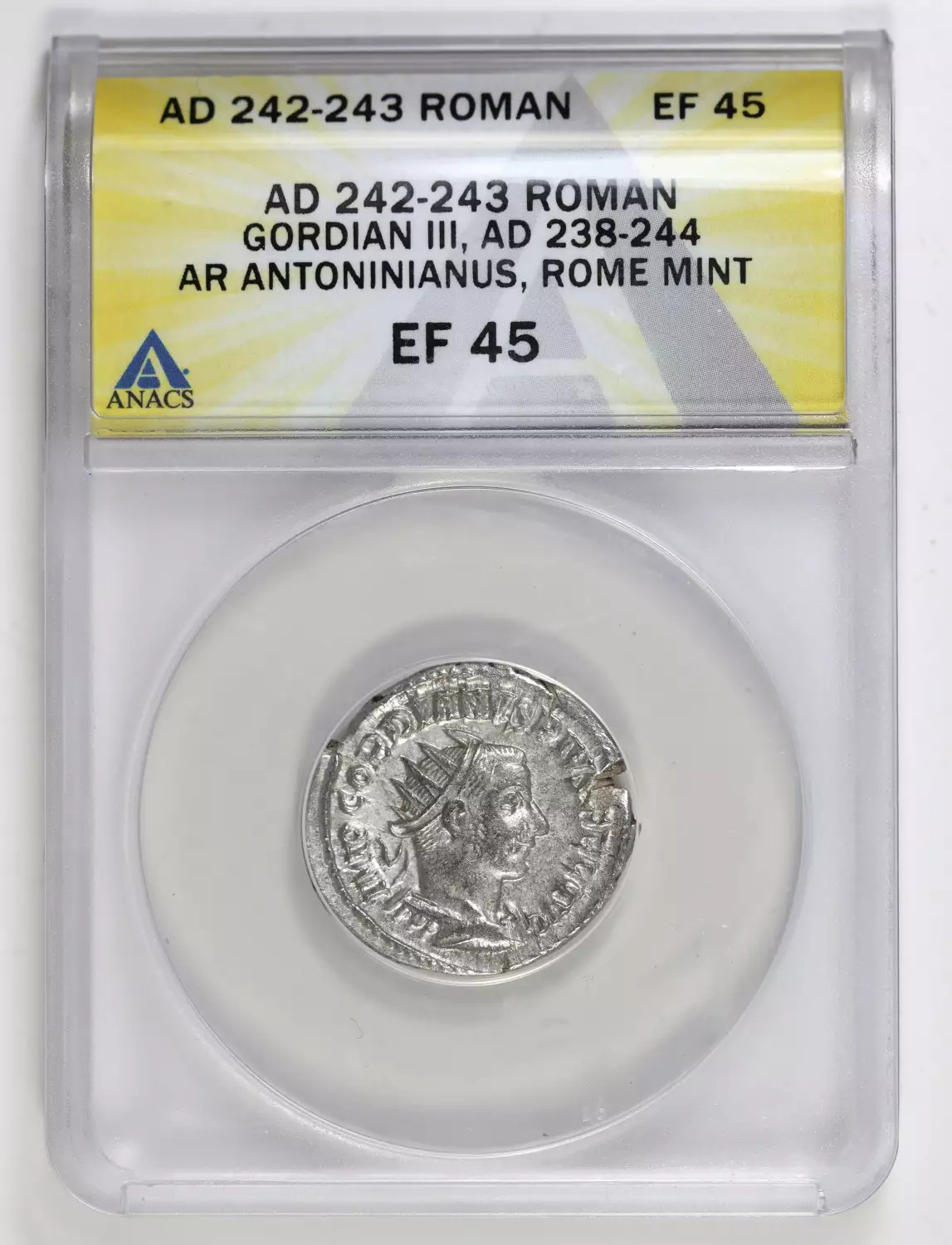 242-243 AD Gordian III AR Antoninianus Ancient Roman Coin ANACS XF-45