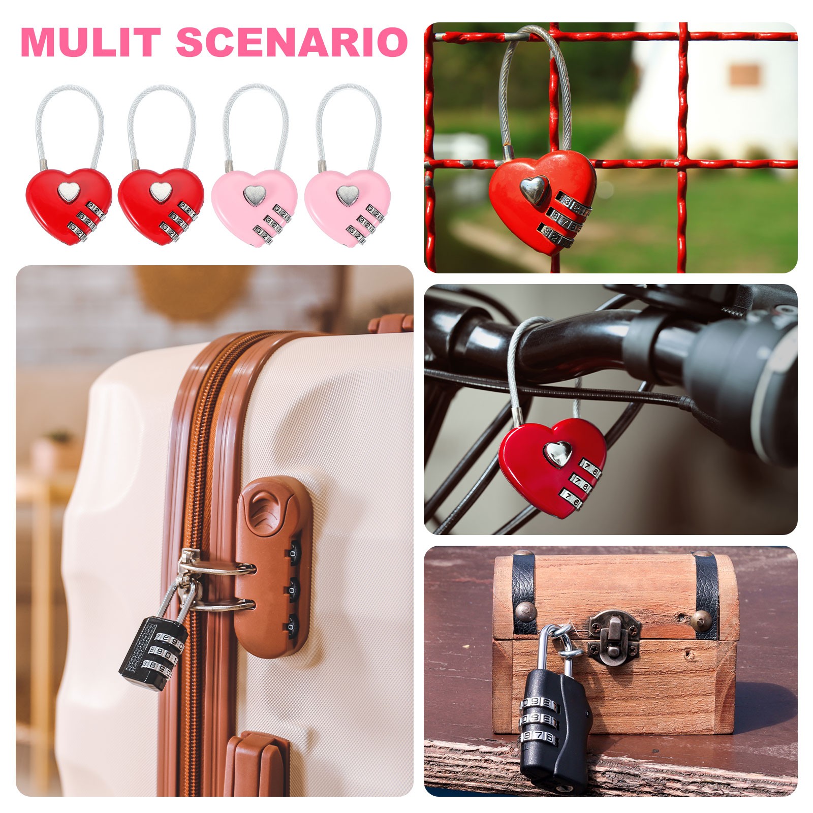 2 Pack Heart Padlock Heart Shape Love Lock Combination Lock Locker Locks Red