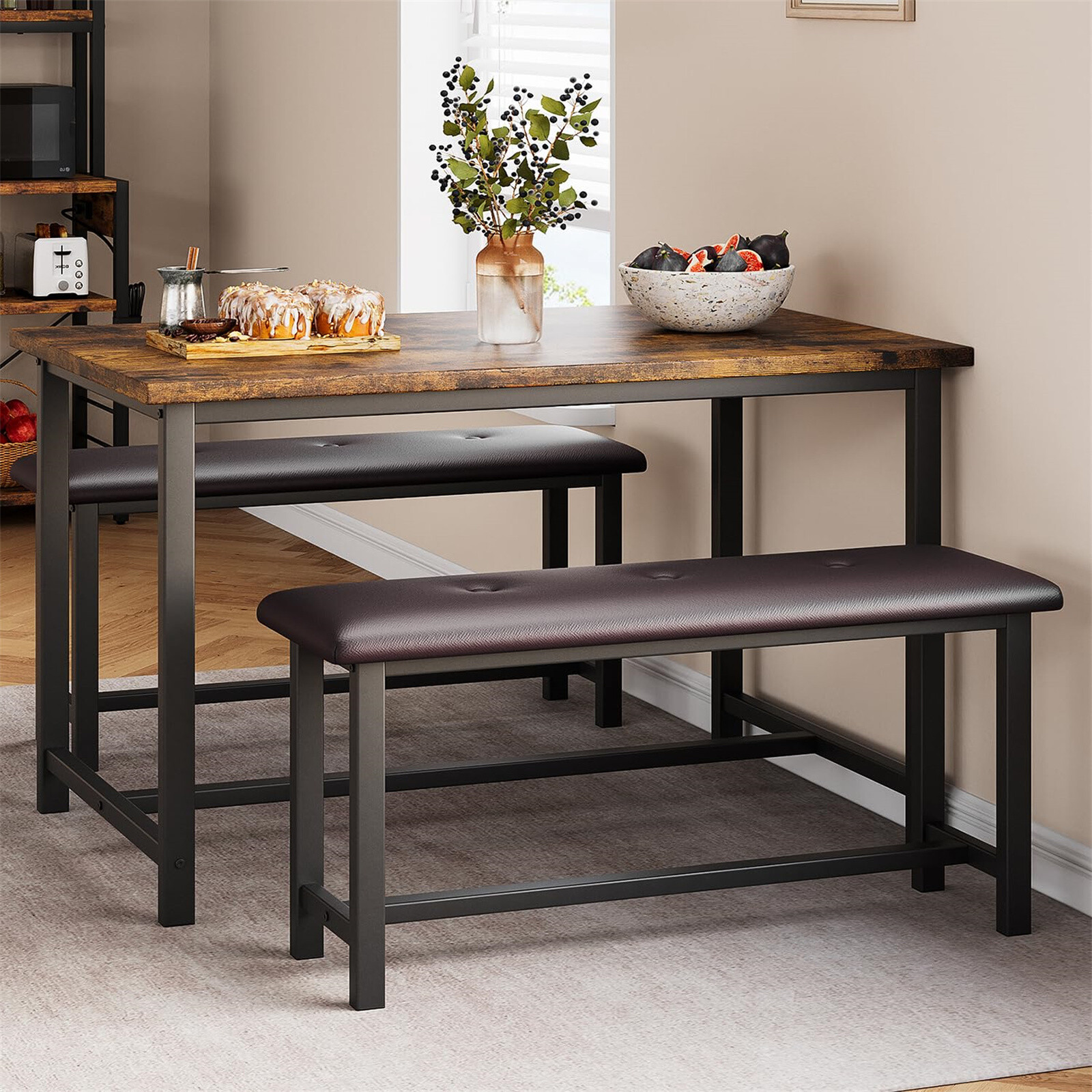 3 Piece Dining Table Set for 4 Kitchen Table W/2 Benches Dining Room Table Set
