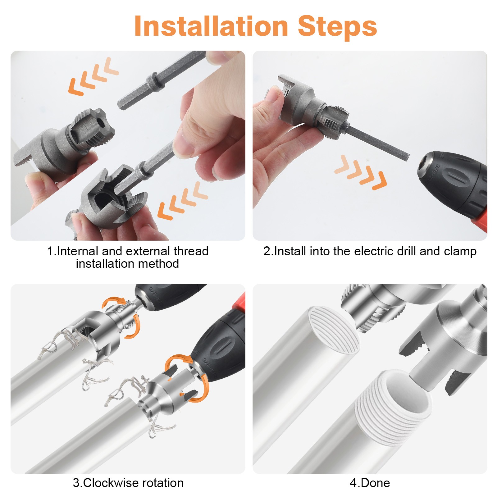 2X 1/2" 3/4" Integrated Internal/External Pipe Threader Tool for Electric Drill
