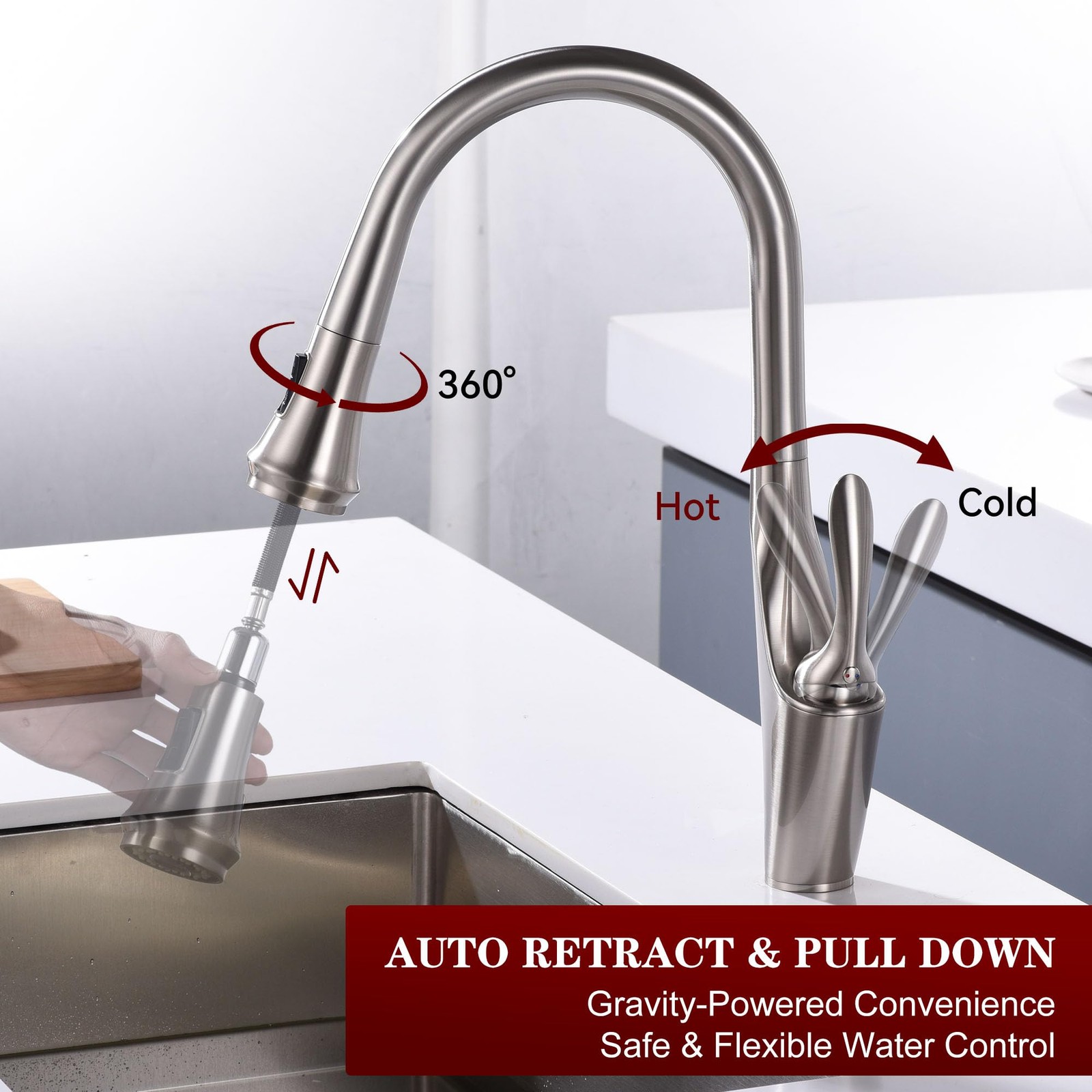 SUMERAIN Pull Out Kitchen (17-5/16") Faucet Height, Brushed Nickel