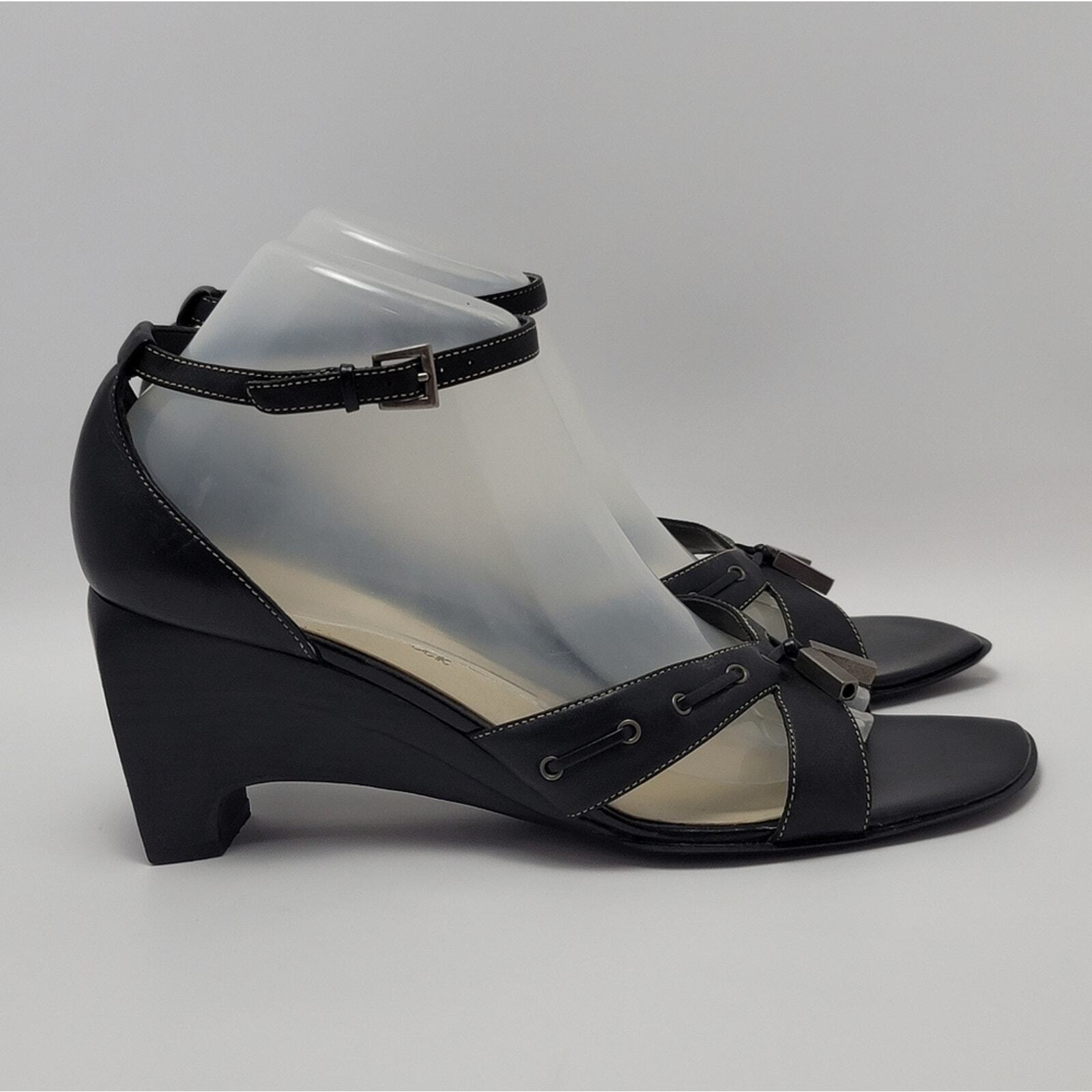 Cross Over Stitch Low Wedge Ankle Strap Leather Upper Sandal Black Size 9.5