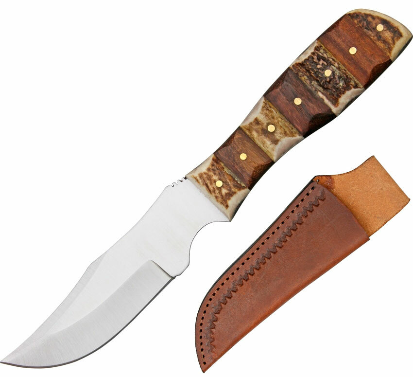 Steel Stag Finger Grip Fixed Knife 3.25" Stainless Full Blade Stag/Wood Handle