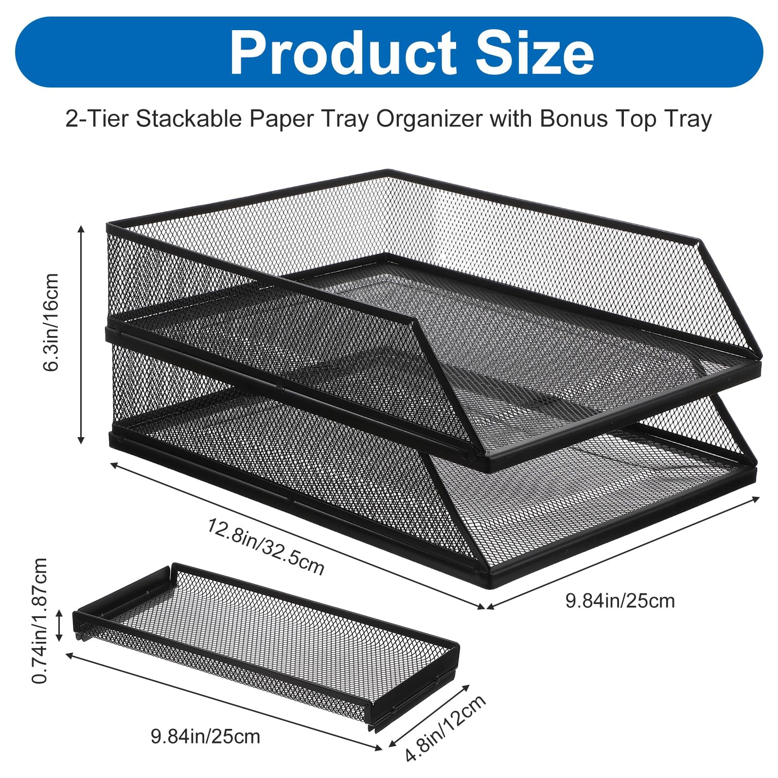 Black 2Tier Stackable Paper Tray Organizer Metal Mesh Desktop File Sorter