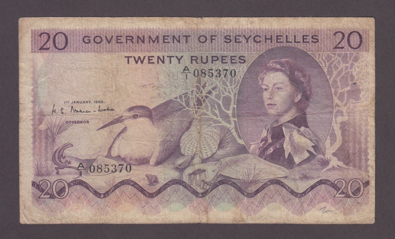 SEYCHELLES P.16a-5370  20 RUPEES 1.1.1968 QE II FINE WE COMBINE   2511