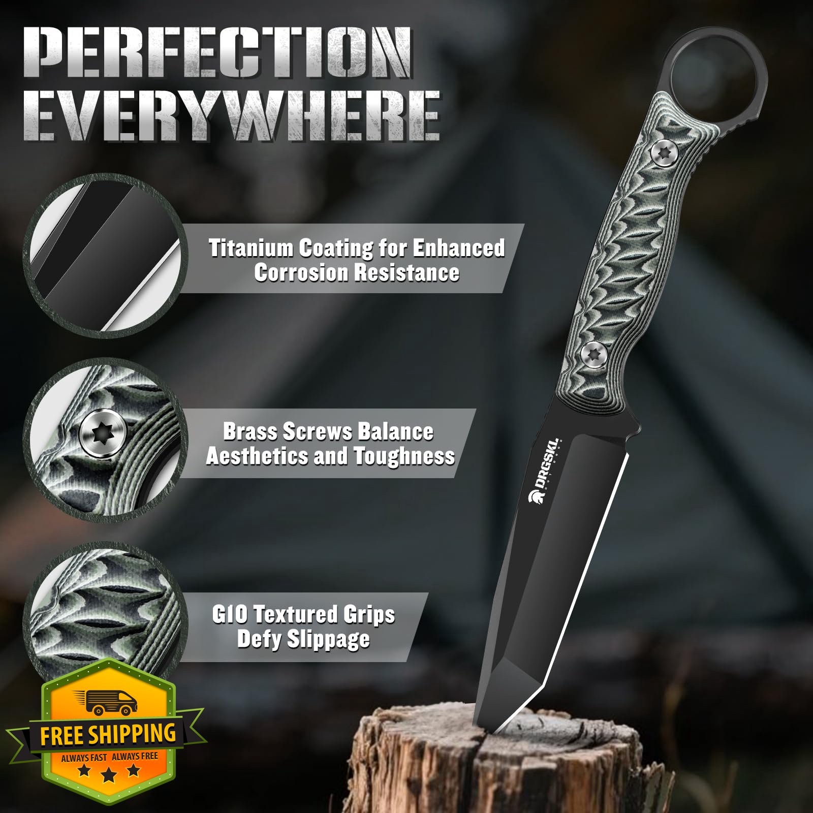 DRGSKL D2 Steel Tanto Fixed Blade Knife w/ Sheath Camping Survival