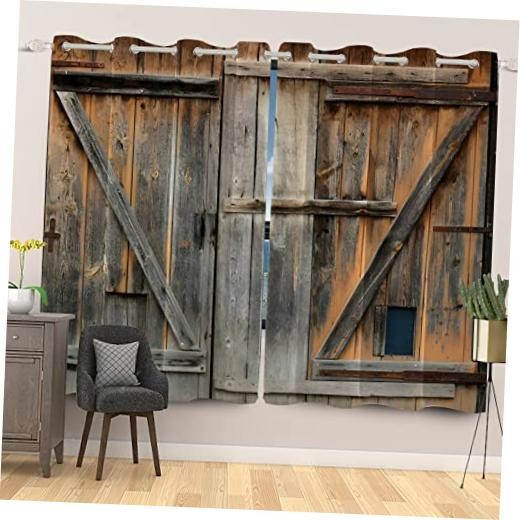 Old Grey Wood Barn Door Window Curtains 53"W x 63"L (Pack of 2) Grey Yellow