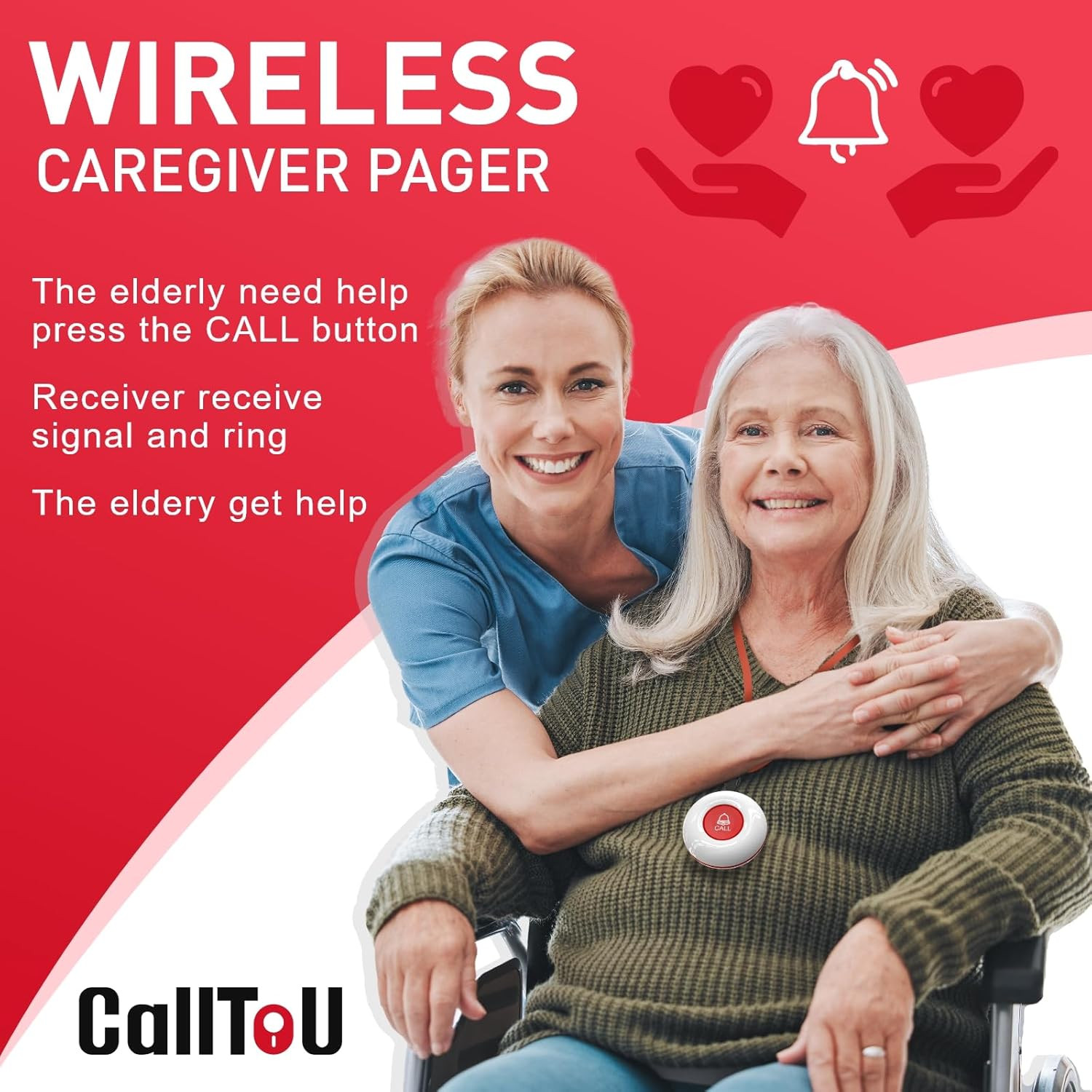 Wireless Caregiver Pager Smart Call System 2 SOS Call Buttons/Transmitters 2 Rec