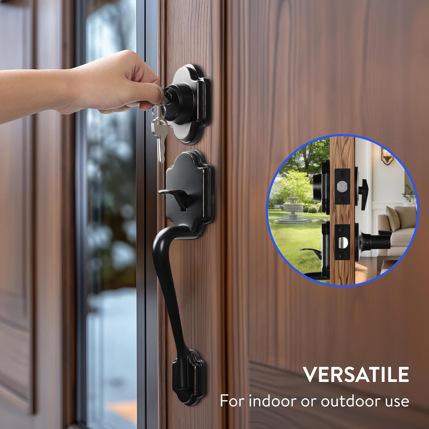 - Front Door Lock and Handle with Deadbolt - Set Includes Installation Template,