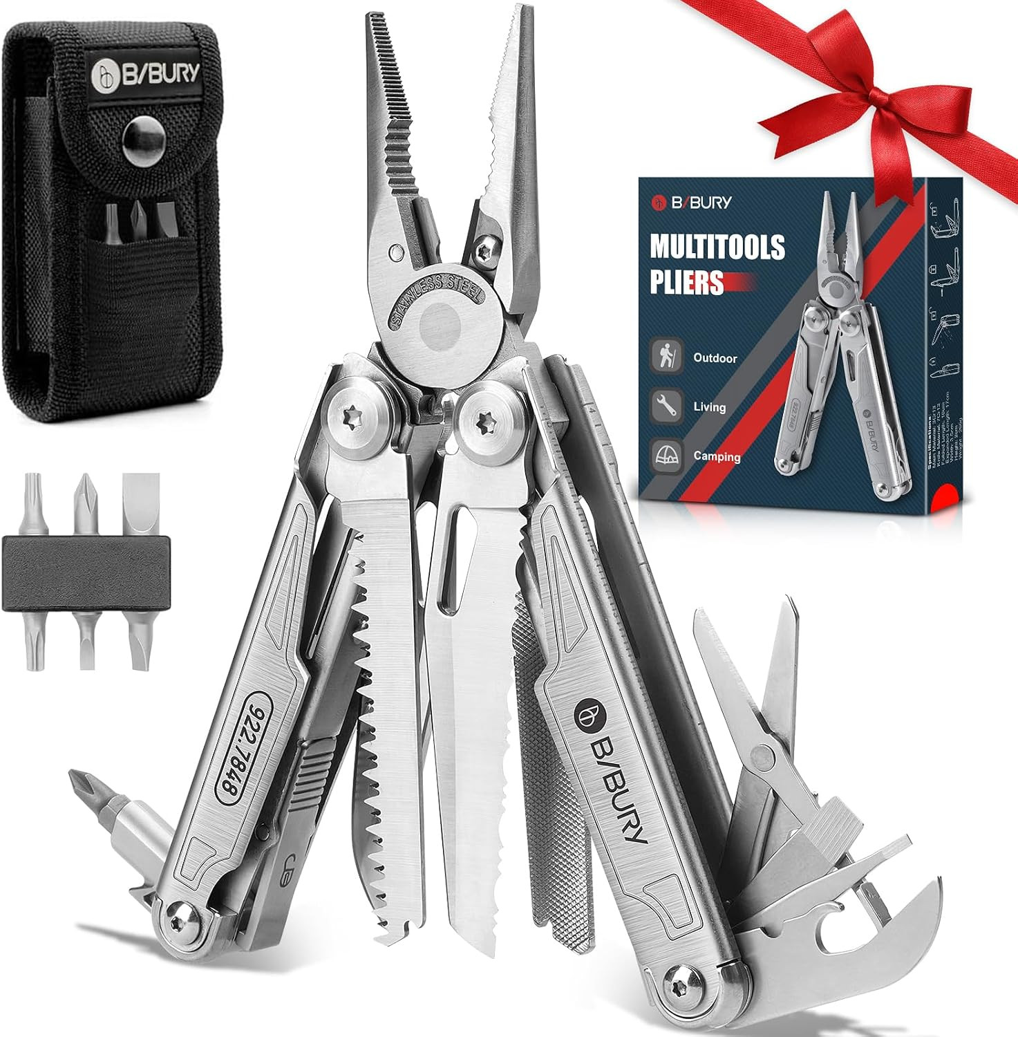 Multitool with Pocket Knife, 19-In-1 Stainless Steel Pliers with Scissors, Self-