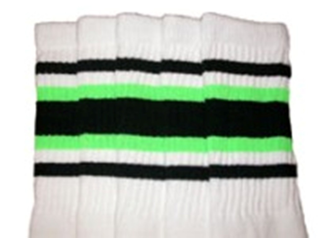22” KNEE HIGH WHITE tube socks with BLACK/NEON GREEN stripes style 4 (22-85)