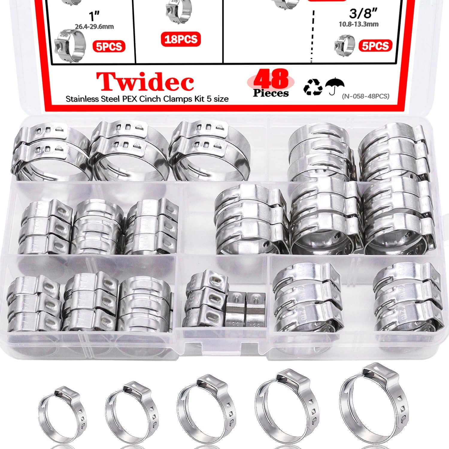 Twidec/48Pcs 3/8",1/2",3/4",5/8",1" PEX Cinch Clamps Kit 5 Size,Stainless Steel