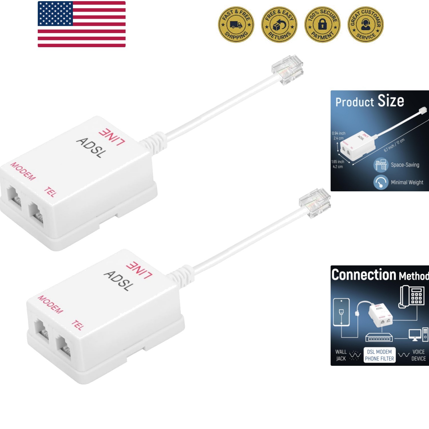 in-Line DSL Filter Splitter, ADSL Splitter Filter, DSL Filter for Landline Ph...