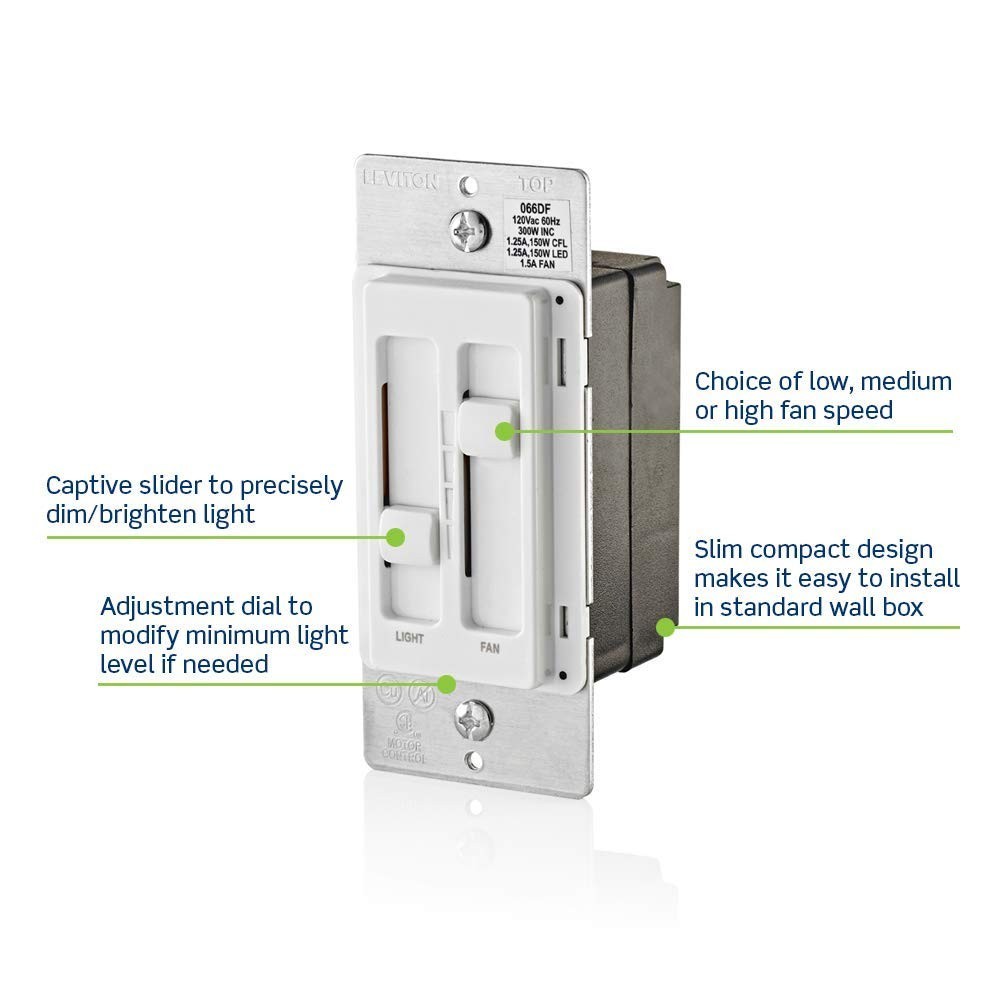 Convenient Dual Control Fan & Light Dimmer Switch - White, 150W LED Rated