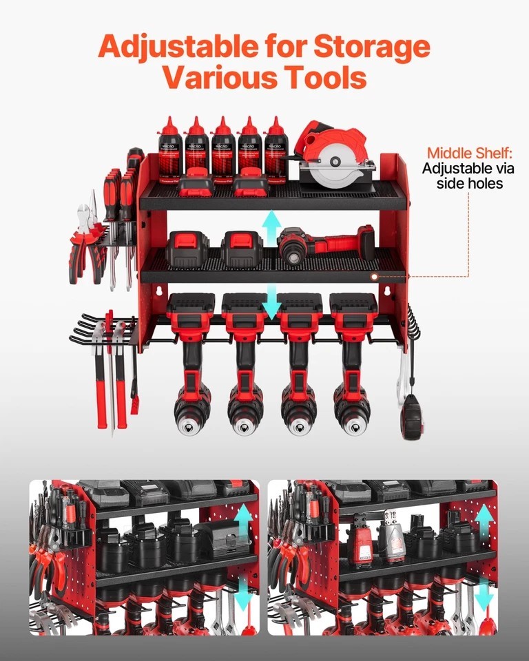 Power Tool Organizer Wall Mount 3-Layer Drill Storage Rack 4 Drill Holders