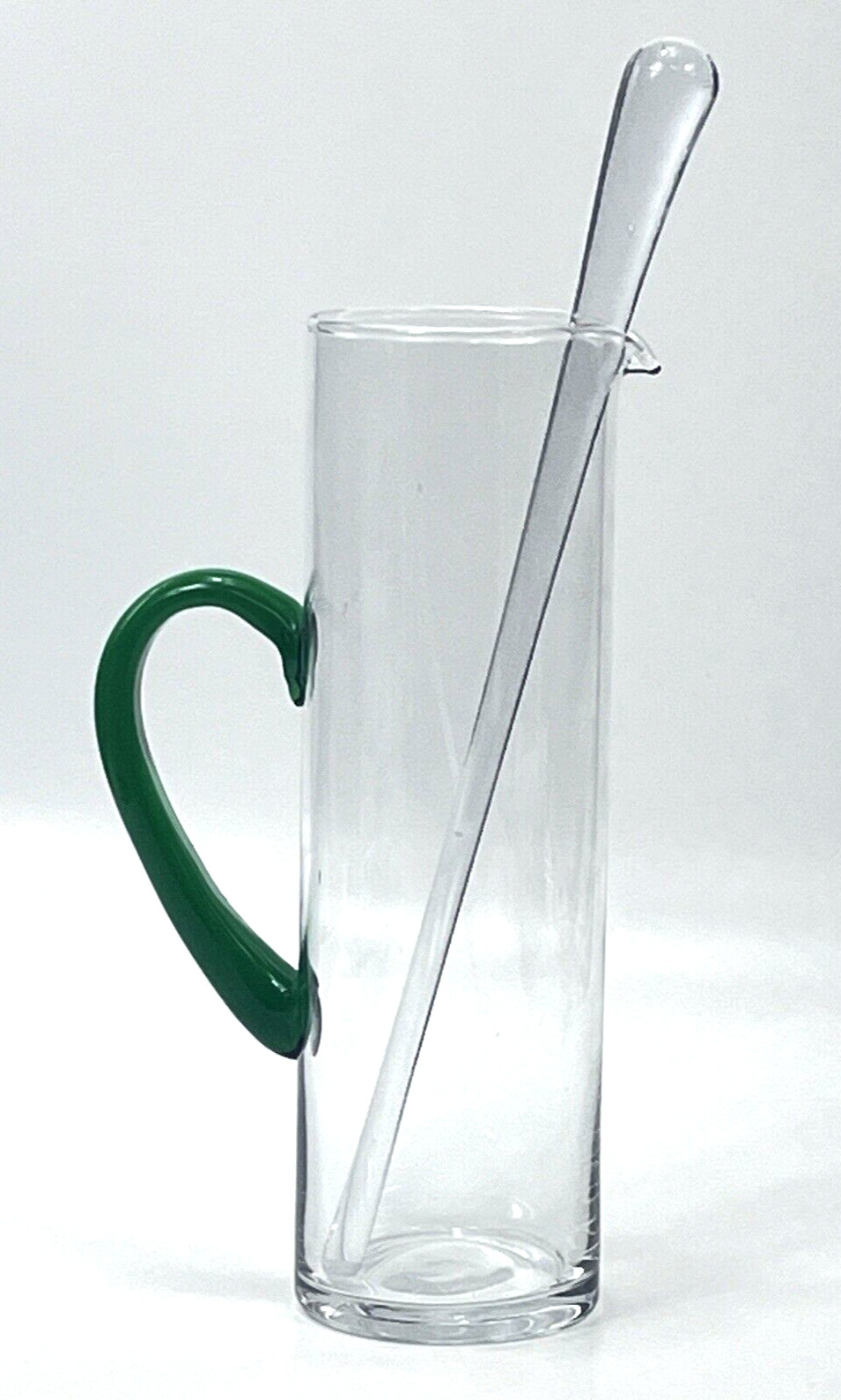 Hand Blown Clear Glass Martini Cocktail Pitcher MCM Green Handle w/ Stir Stick