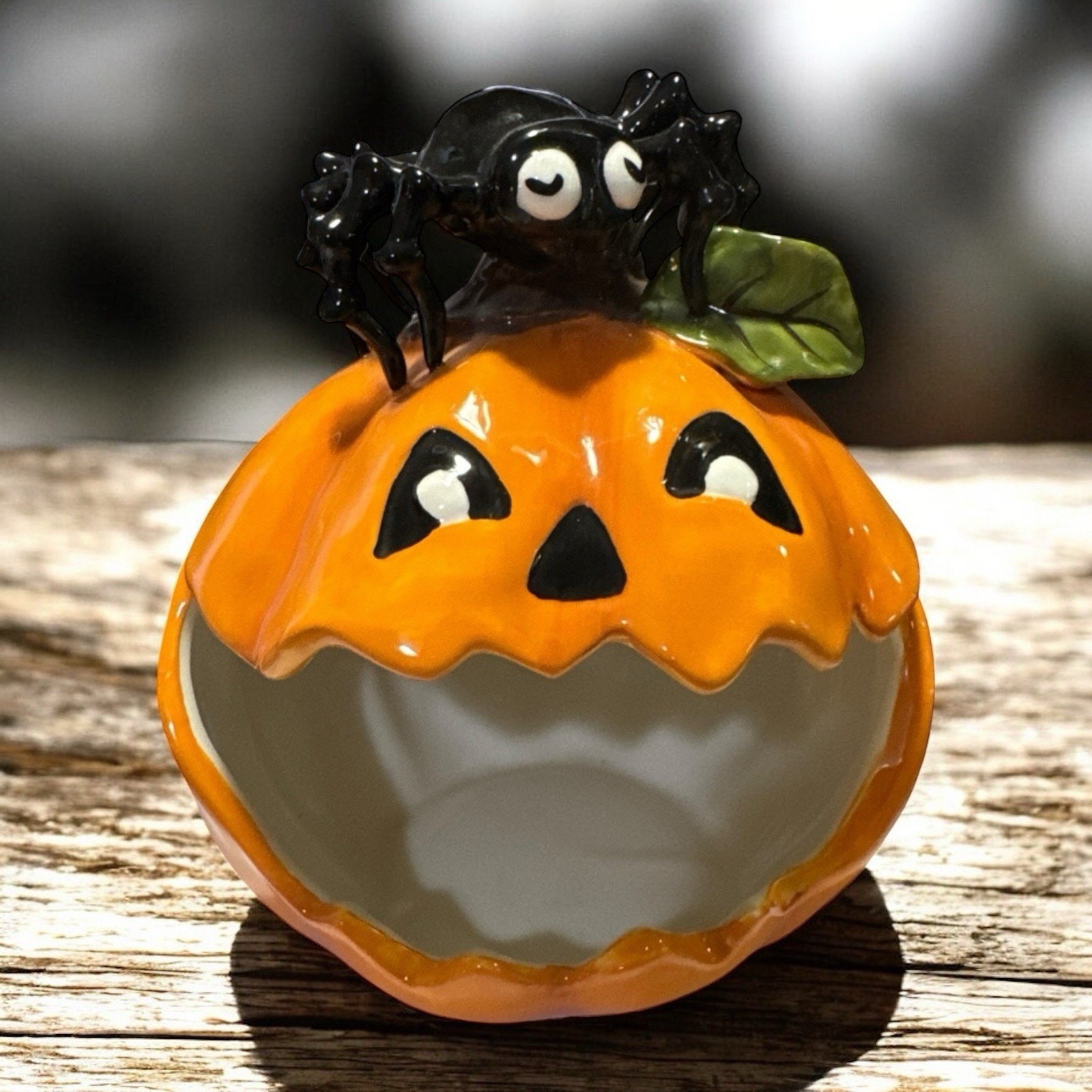 Halloween Blue Sky Candy Dish Black Spider Jack O Lantern Holiday Pumpkin