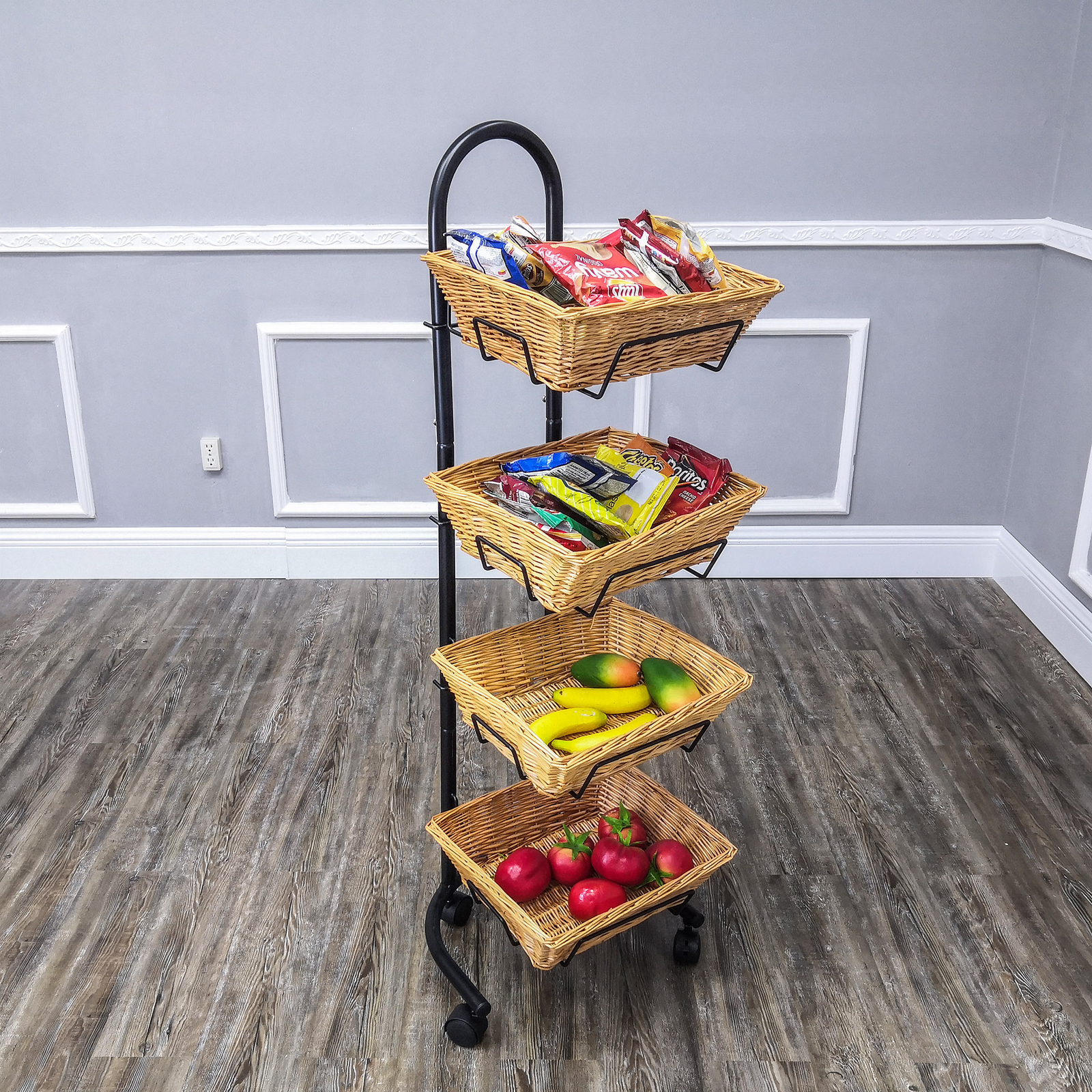 Rolling Wicker Basket Display Market Merchandiser Stand Kitchen Pantry Organizer