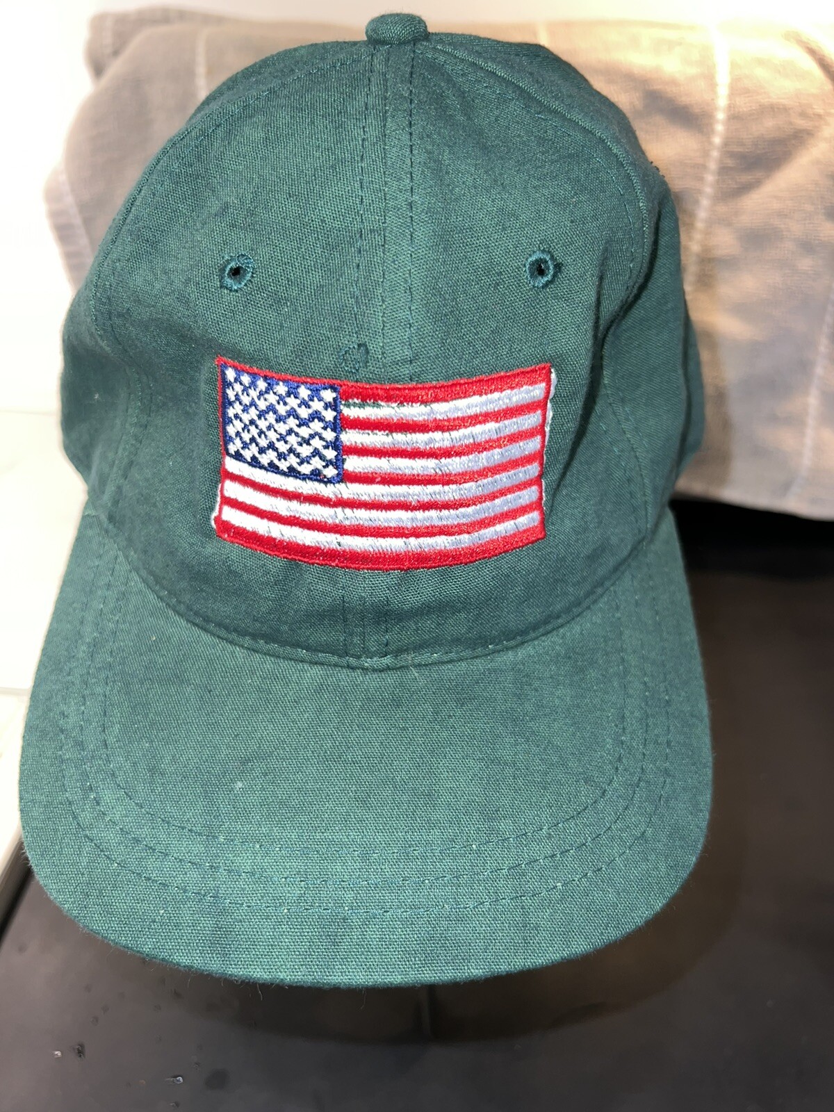 New Age Dark Green American Flag Patch on Front Cotton Cap Hat EUC Adj