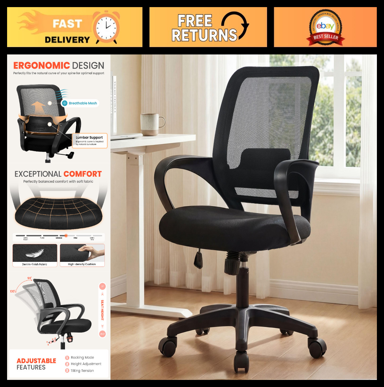 Ergonomic Mesh Office Chair with Lumbar Support, Adjustable Height, Rolling Whee