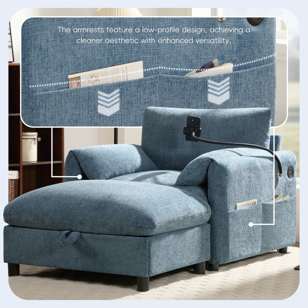 37" Cloud Chaise Sofa w/ Storage Ottoman, Charger & Phone Holder, Blue