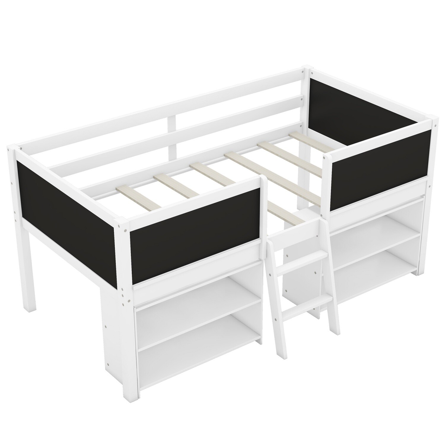 Twin Size Loft Bed Wood Bed Frame w/ 2 Movable Shelves & Guardrail Chalkboard