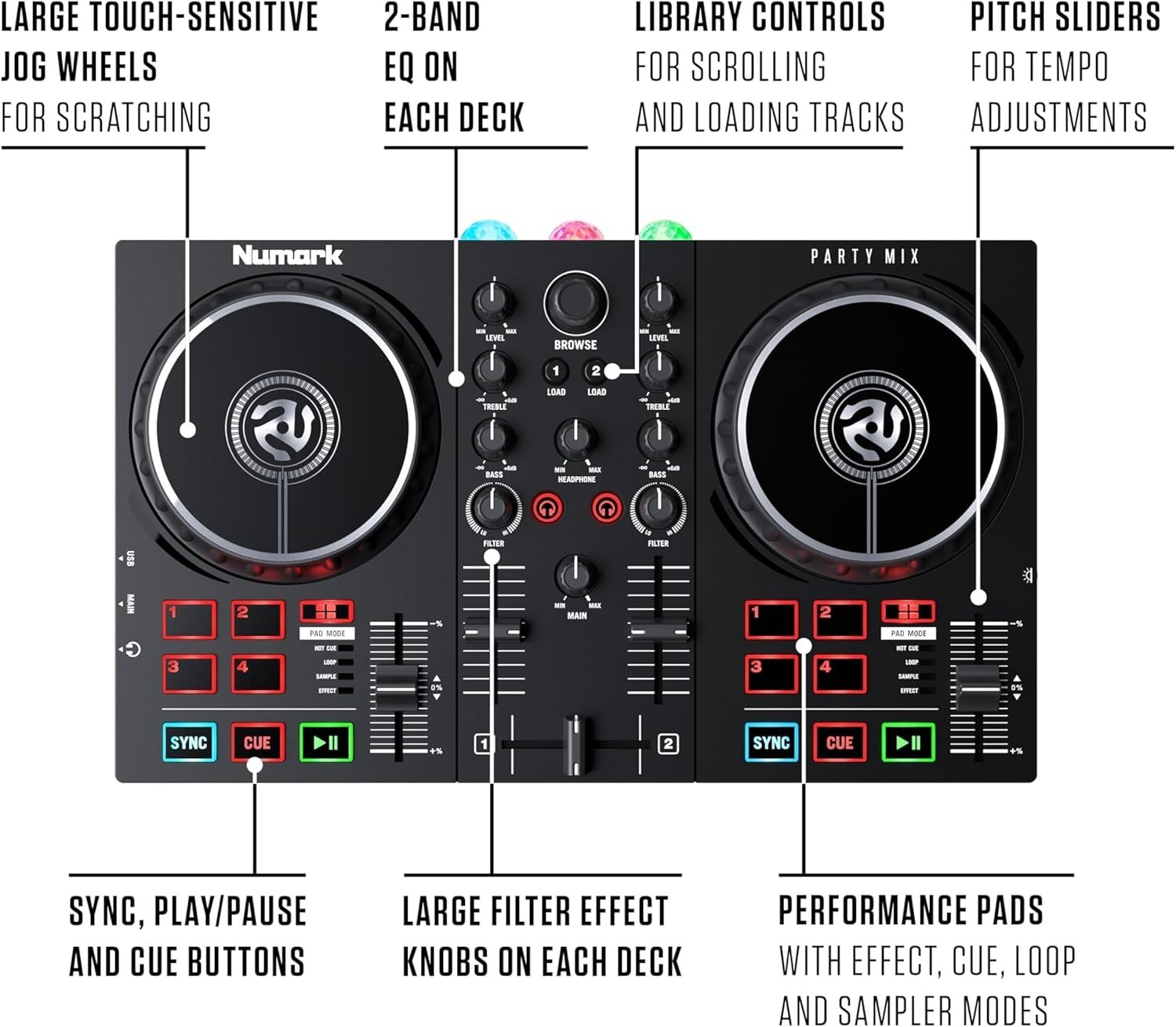 Party Mix II DJ Controller with Lights, 2 Decks, Mixer, Audio Interface and