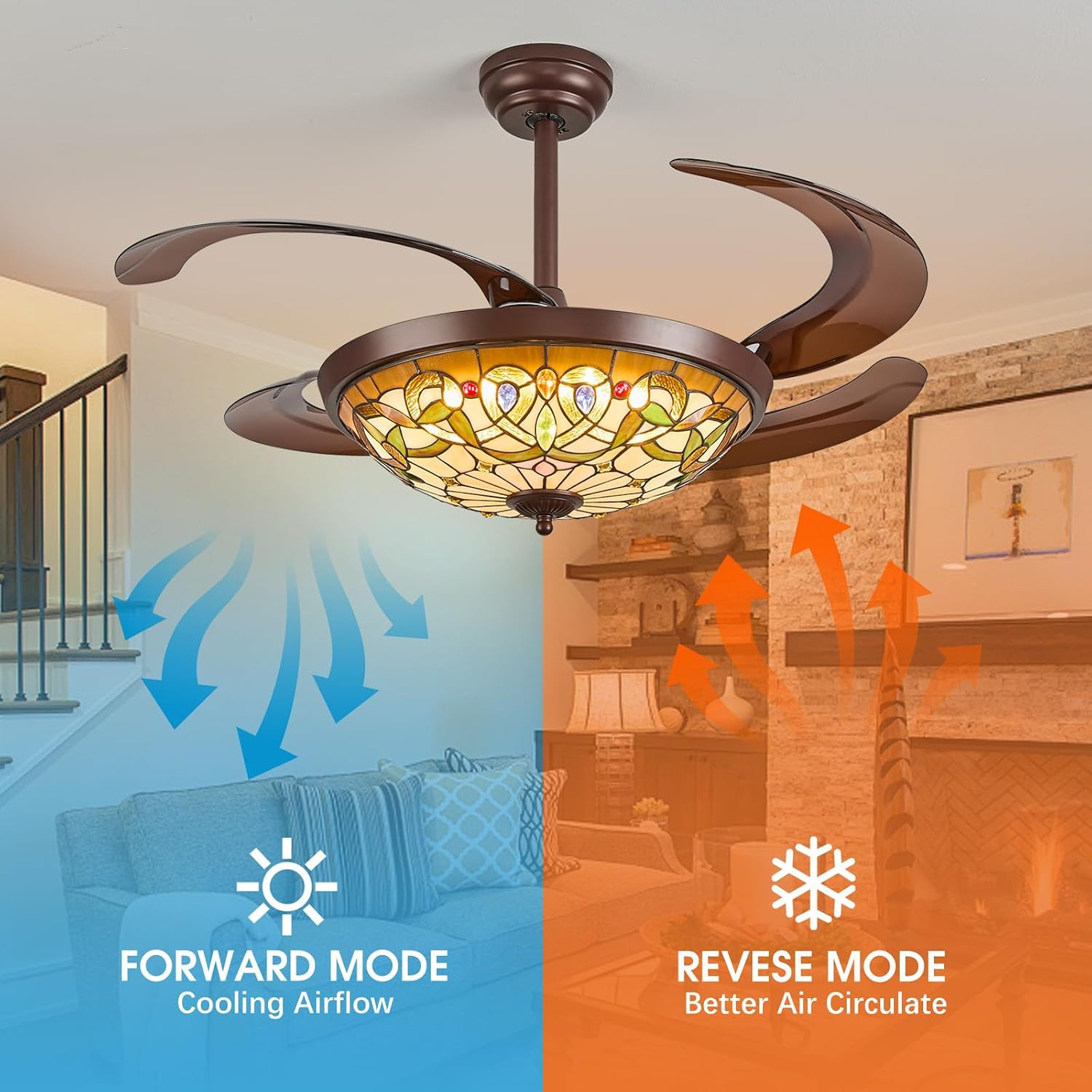Ceiling Fan with Light - 48" Retractable Ceiling Fan Chandelier Fan, App Control