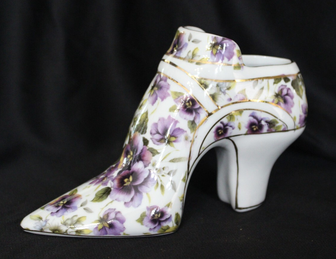 Formalties by Baum Bros. Porcelain Purple Pansy Chintz Shoe Boot Planter Vase