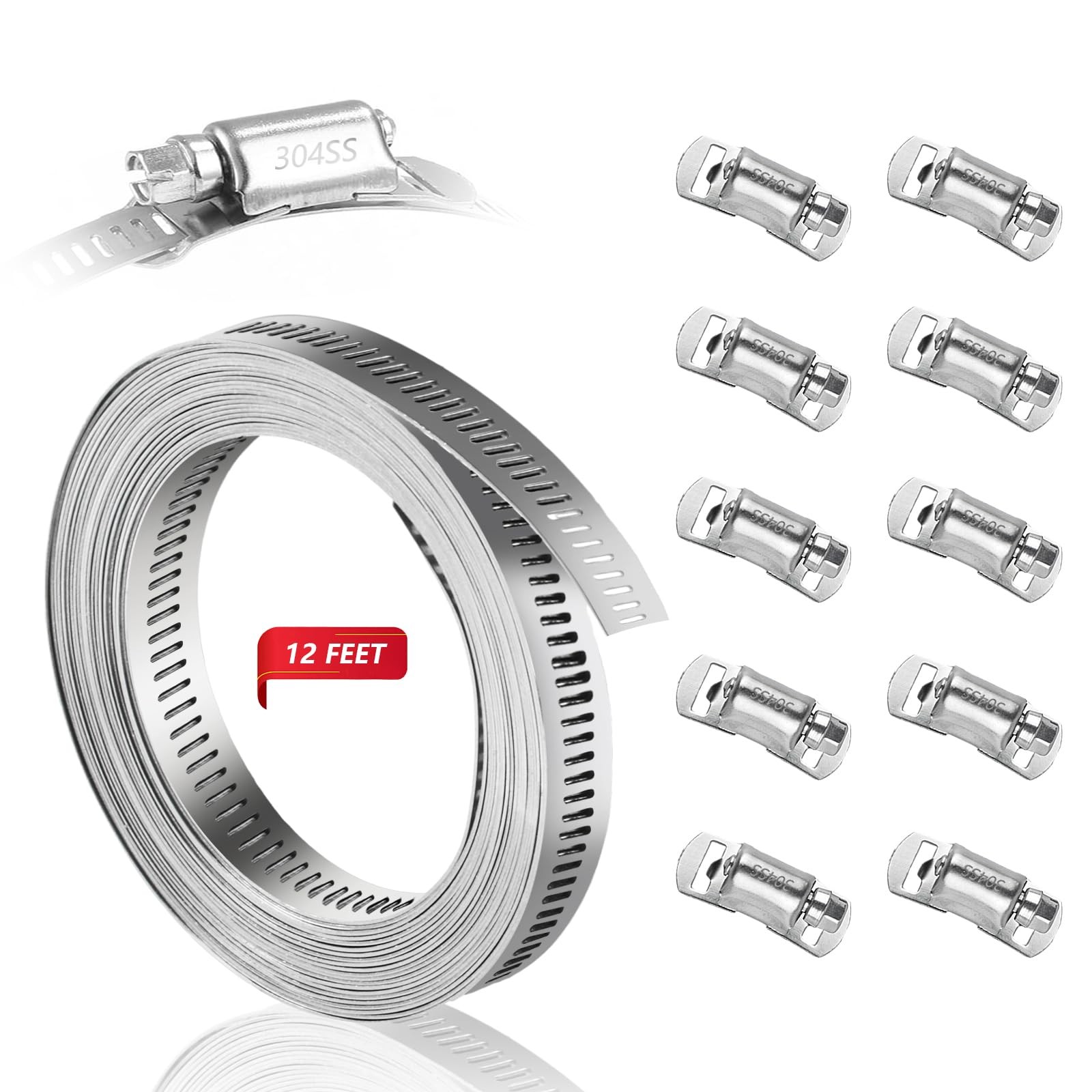 304 Stainless Steel Hose Clamp Assortment Kit DIY, Cut-To-Fit 12 FT Metal Strap