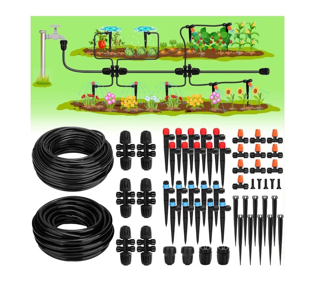 Drip Irrigation System Kit 140FT Tubing Adjustable Emitters Sprinkler Garden Law