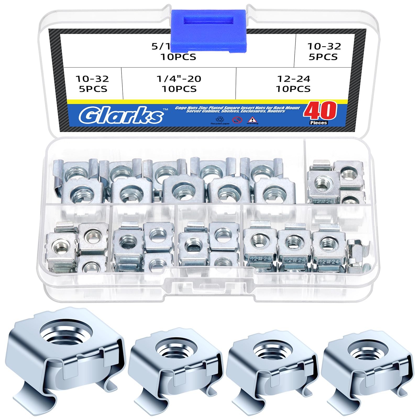 40pcs 1/4"-20 5/16"-18 10-32 12-24 Snap-in Cage Nut Zinc Plated Carbon Steel ...