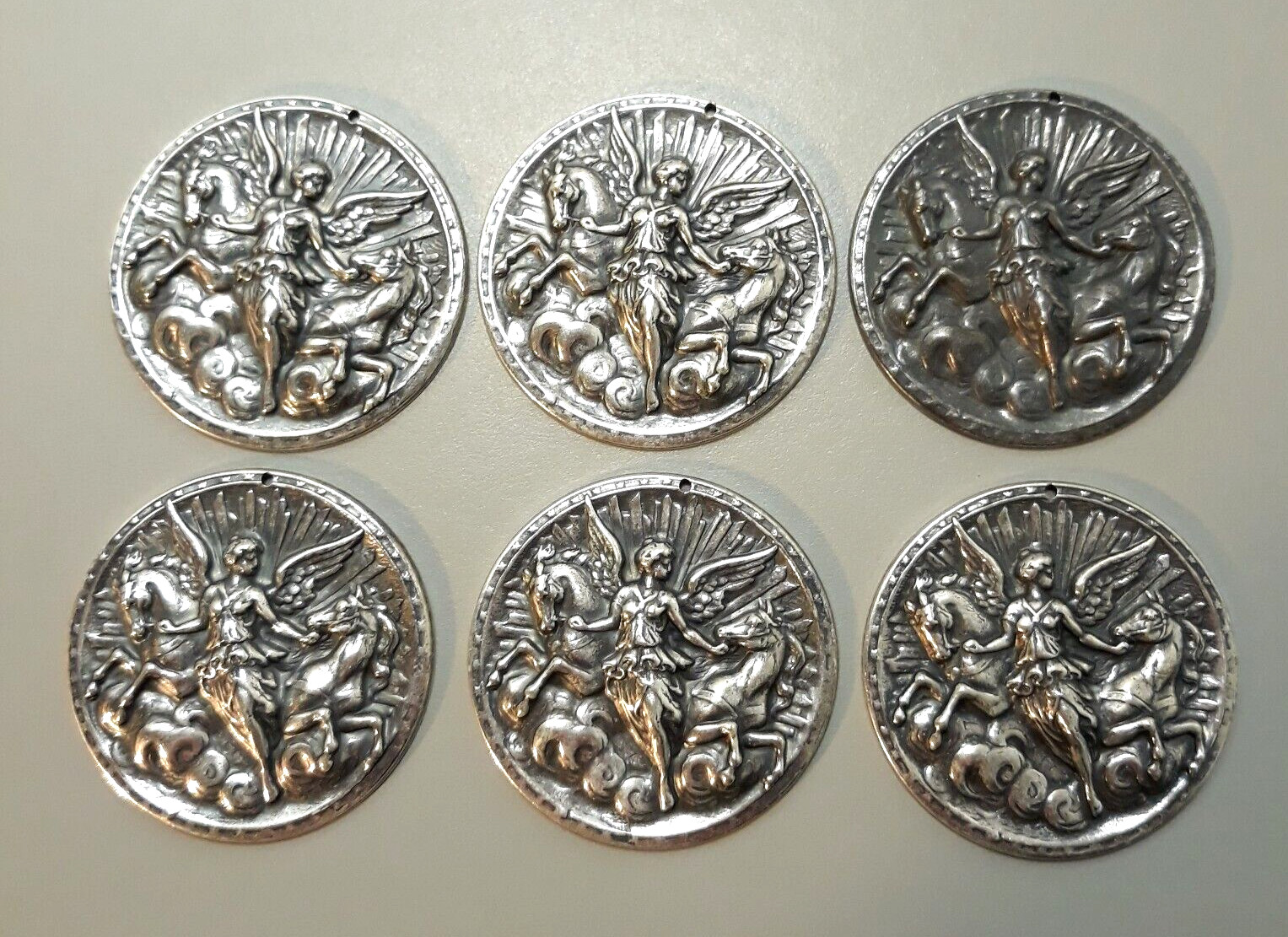Vtg Large Silver Tone Stamped Round Metal ANGEL & HORSES Jewelry Making Findings