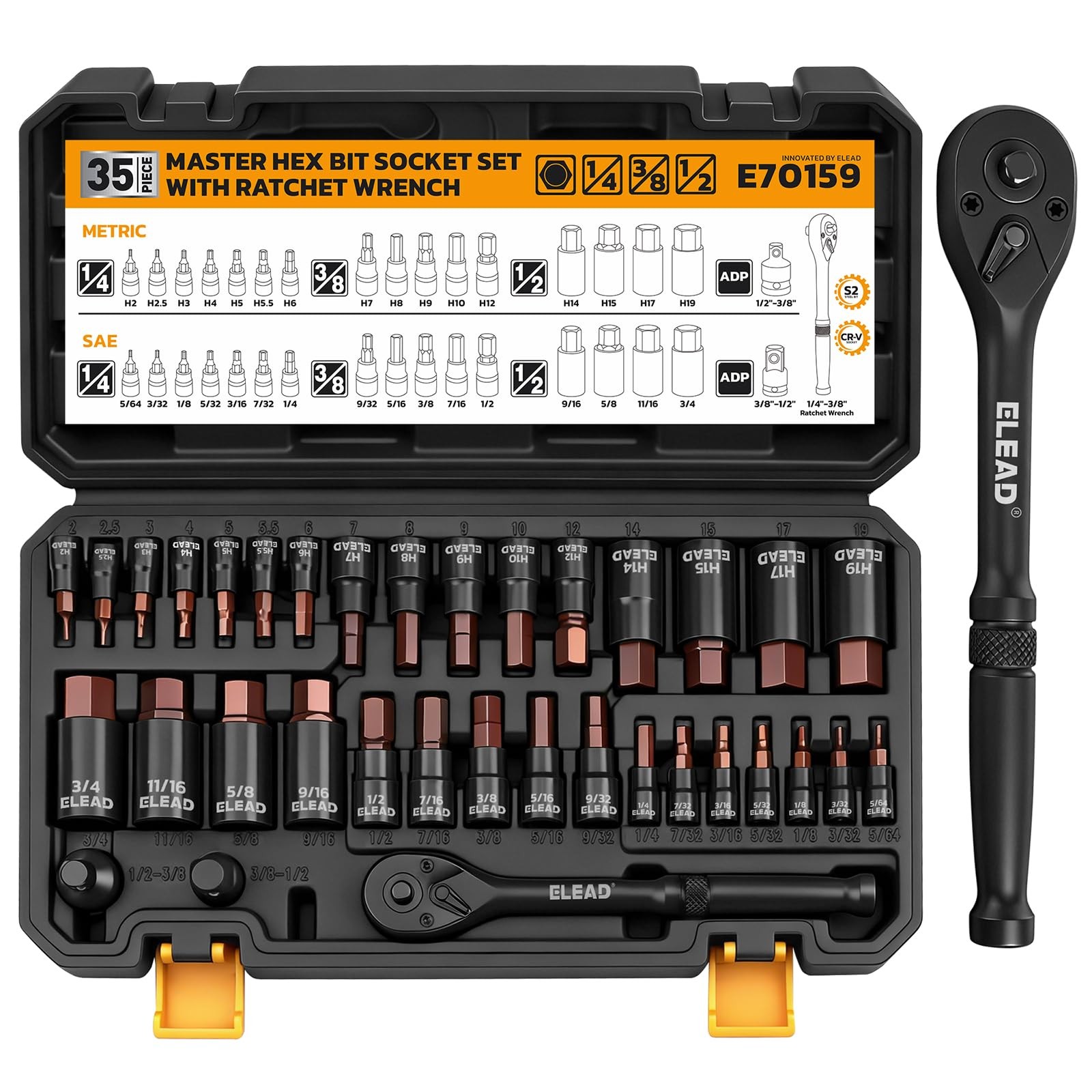 35-Piece Hex Bit Socket Set 1/4", 3/8", 1/2" Drive Allen H2-H19 5/16"-3/4"