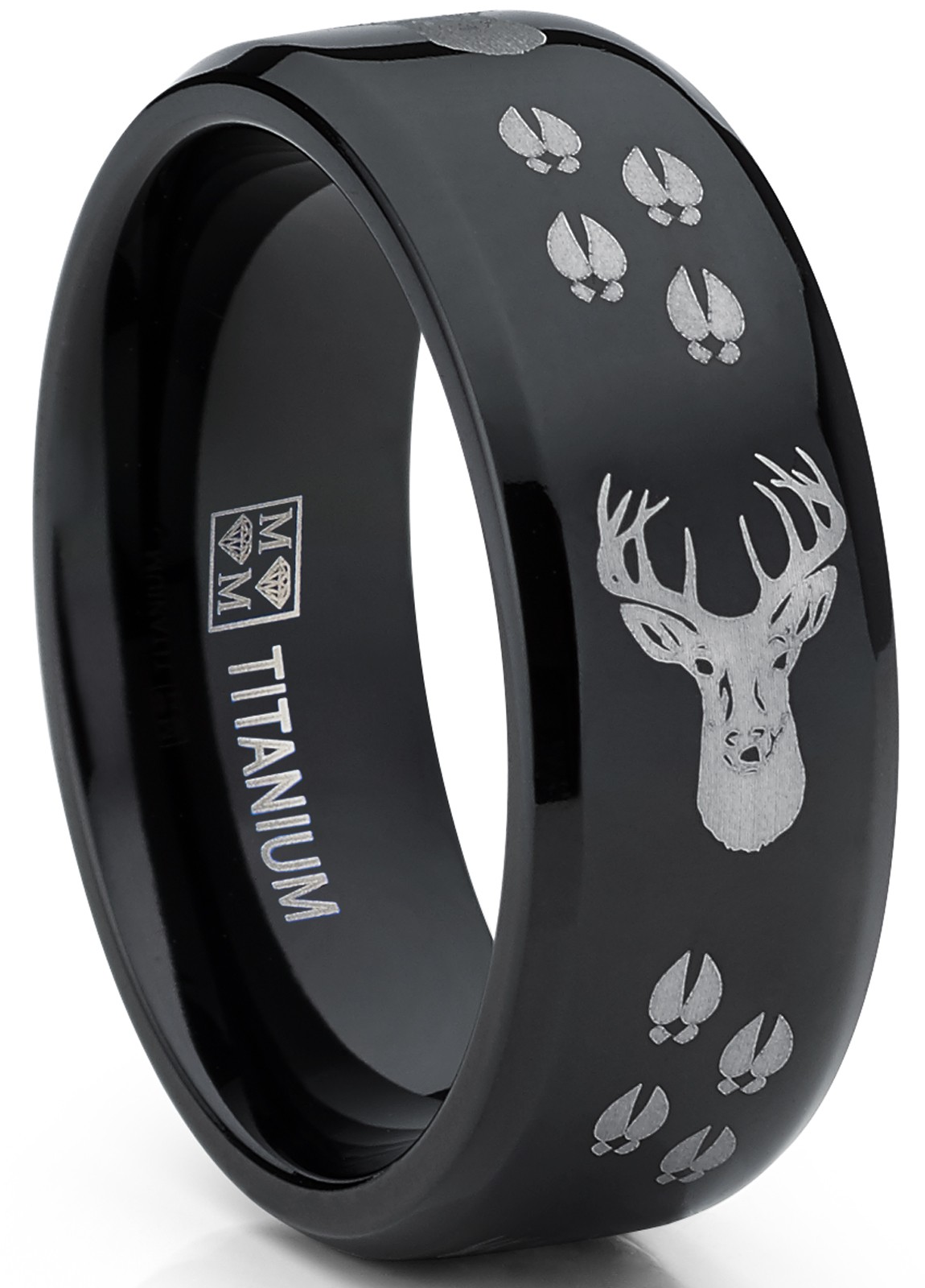 8MM Black Deer Head Track Titanium Ring Wedding Band, Men's Hunting Ring