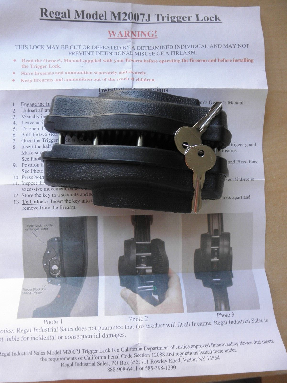 Regal Model M2007J Rifle / Shotgun Trigger Lock NIP W/ 2 Keys CA DOJ Approved!
