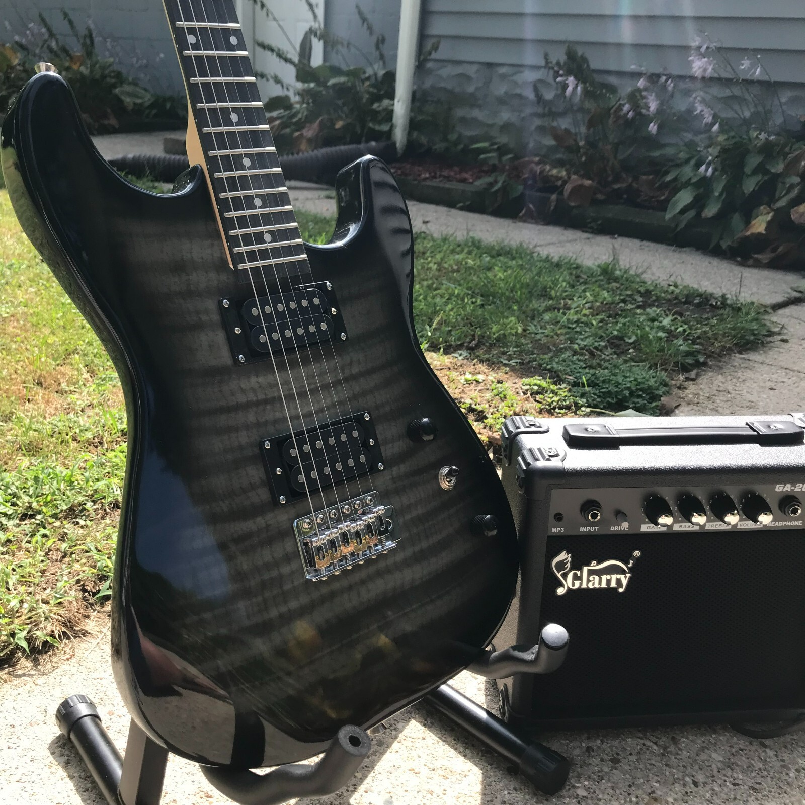 Black Electric Guitar Starter Package with Flamed Veneer Top 20-Watt Amp & More