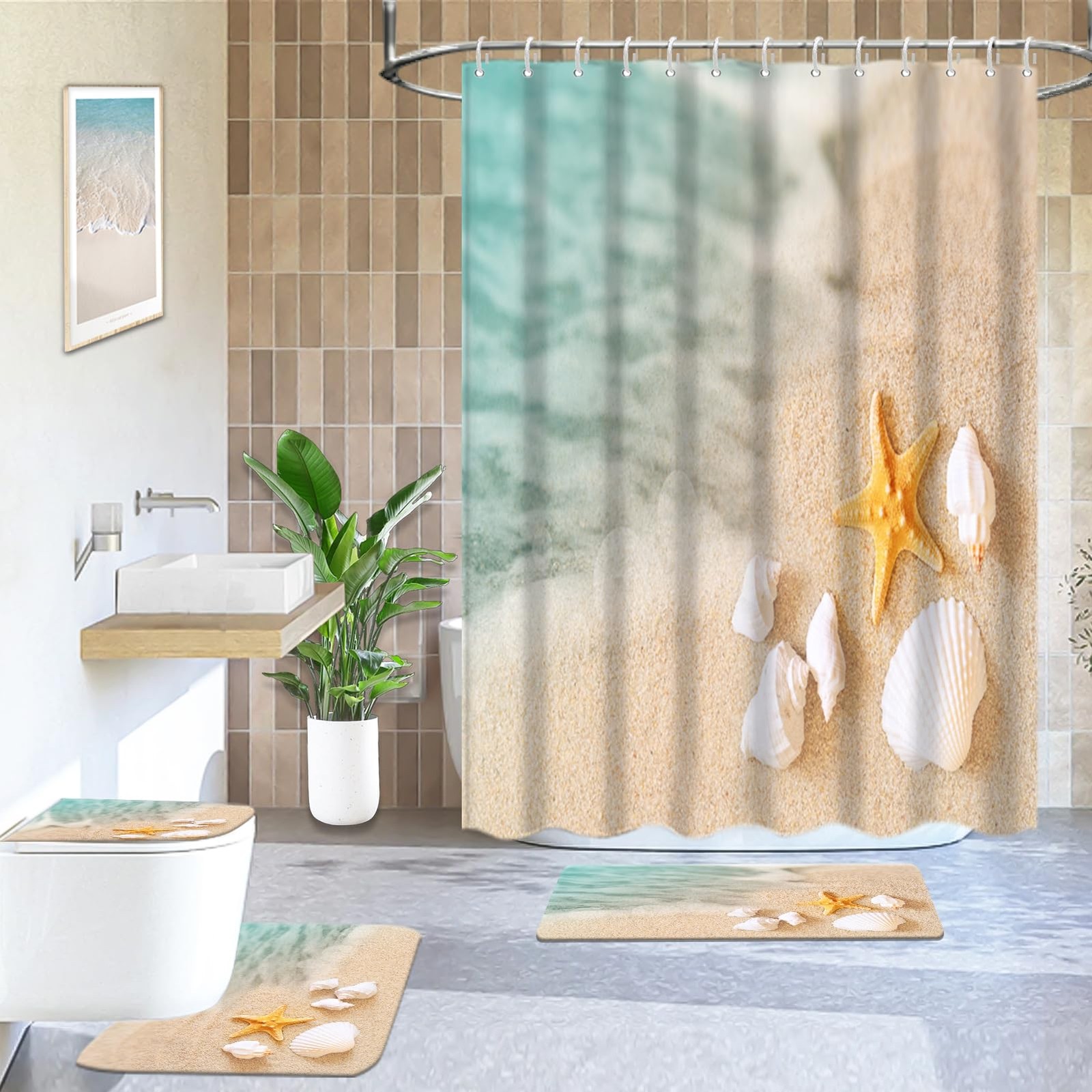 4 PCS Summer Beach Shower Curtain Set With Rugs Starfish Shell Bathroom