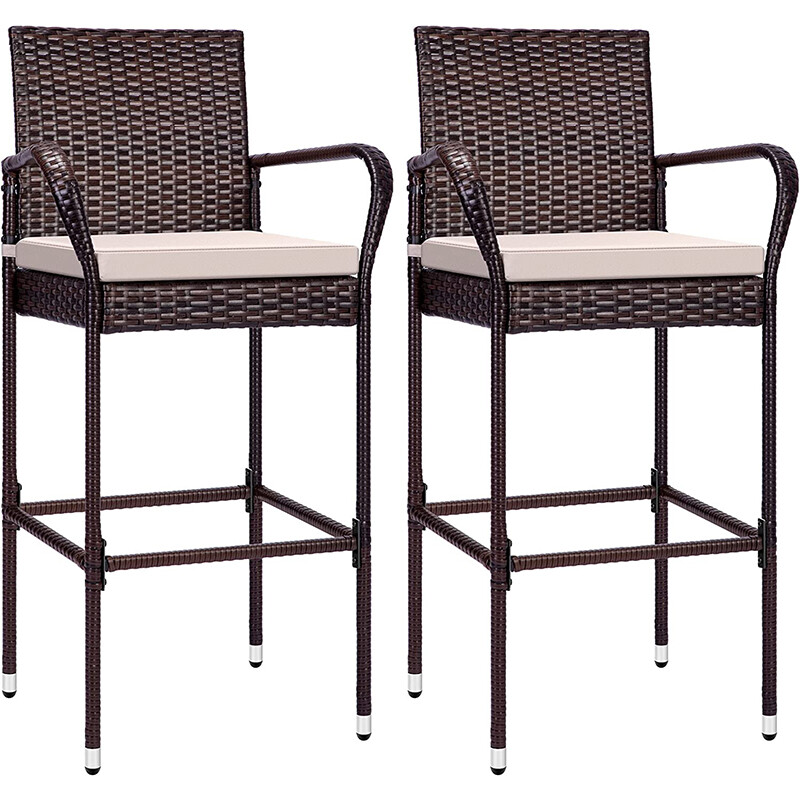 2pcs Outdoor Wicker Barstool Patio Rattan Furniture Bar Stools & Armrest Cushion