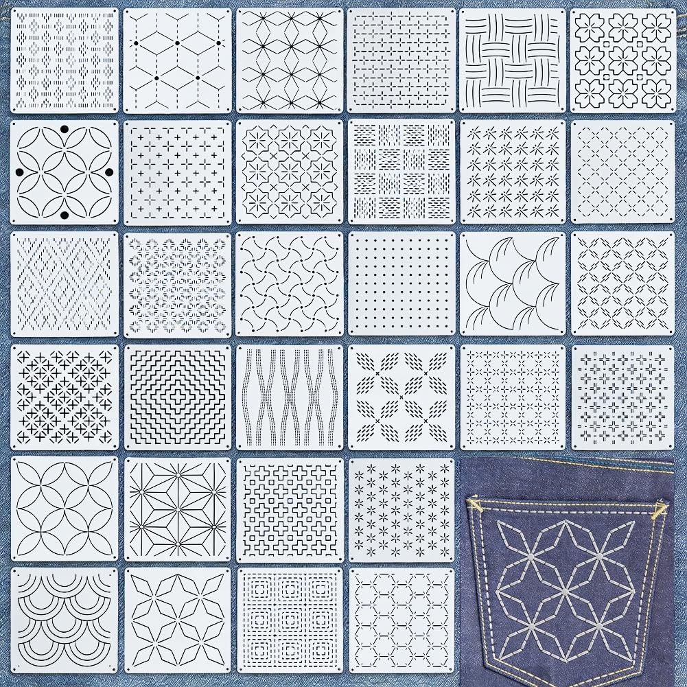 32 PCS White PET Sashiko Stencils Template Kit Reusable Sewing 5.12x5.12 Inch