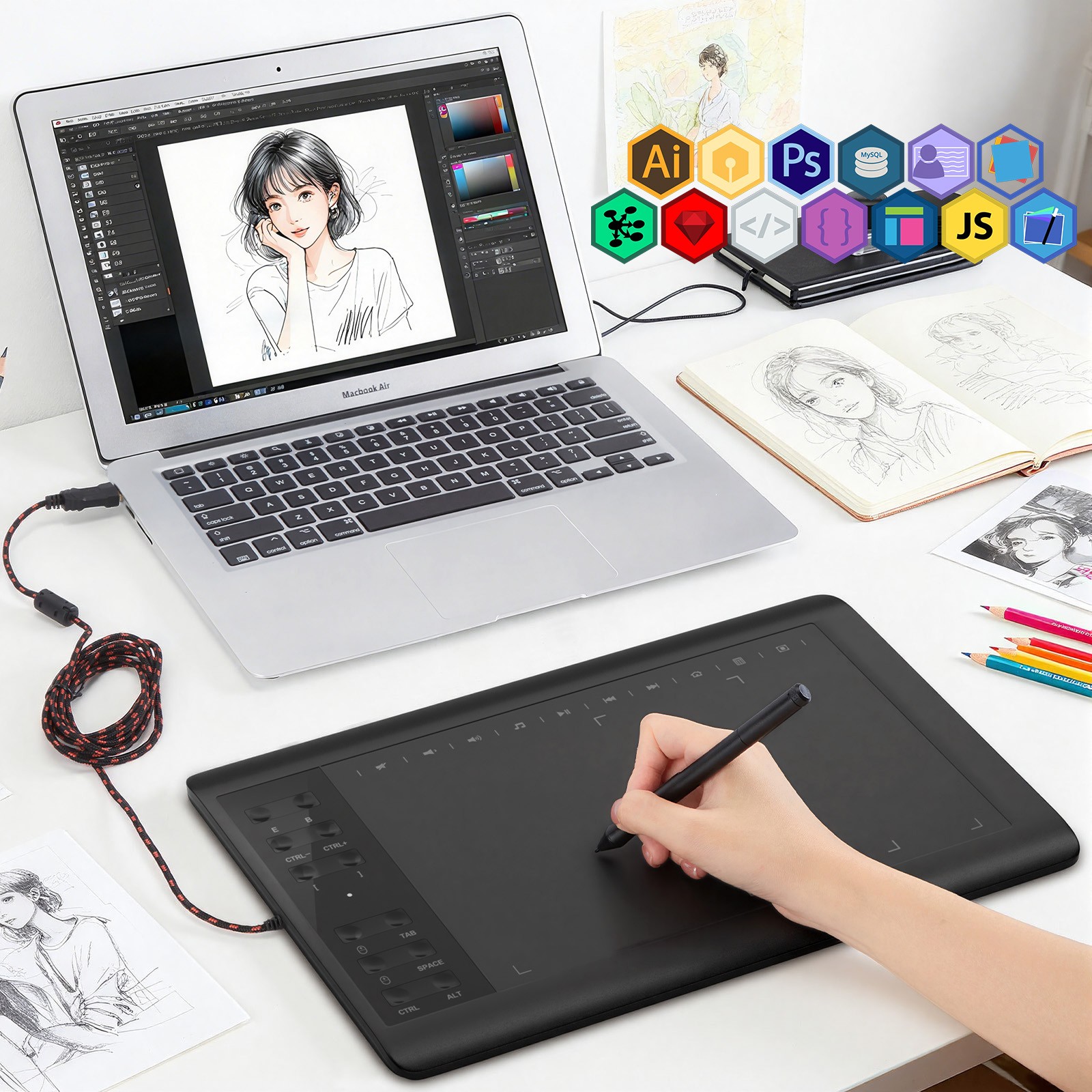 IMAGE Graphics Drawing Tablet 10 x 6 Inch Large Active Area with Pen 12 Hot Keys