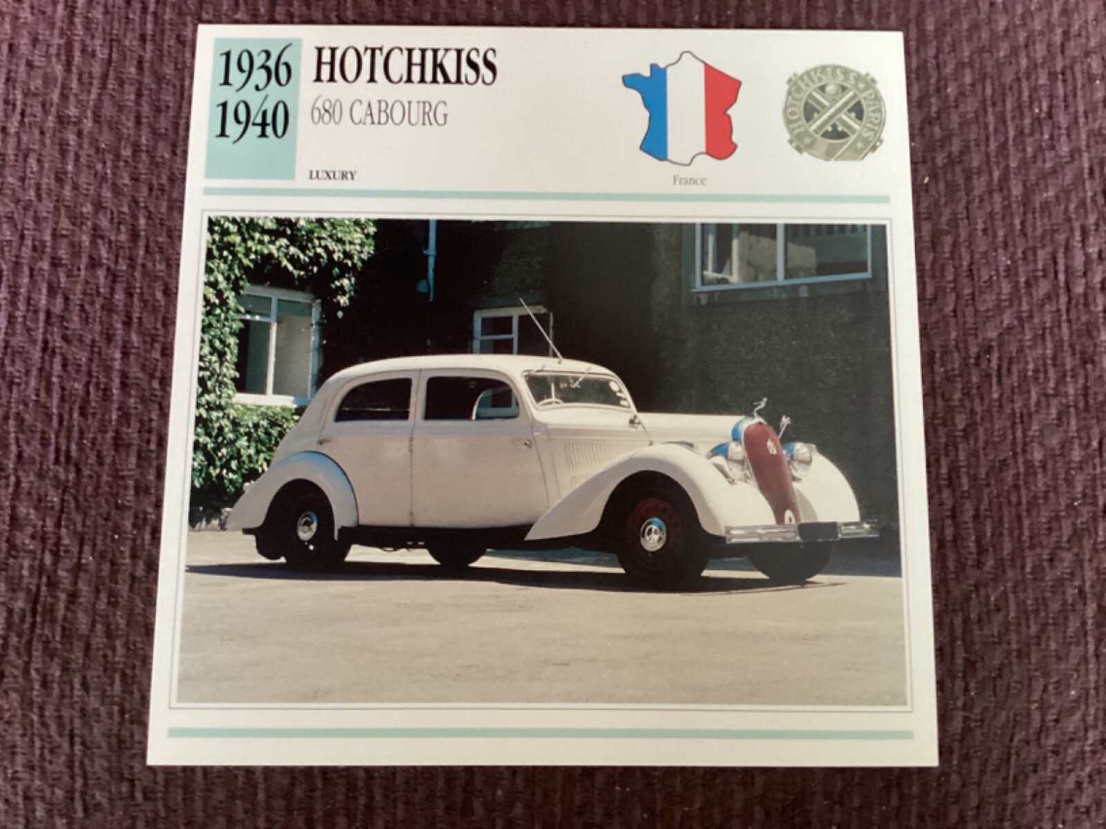 Hotchkiss 680 Cabourg,  1936-40,    Luxury Car, France,  Collectors Card