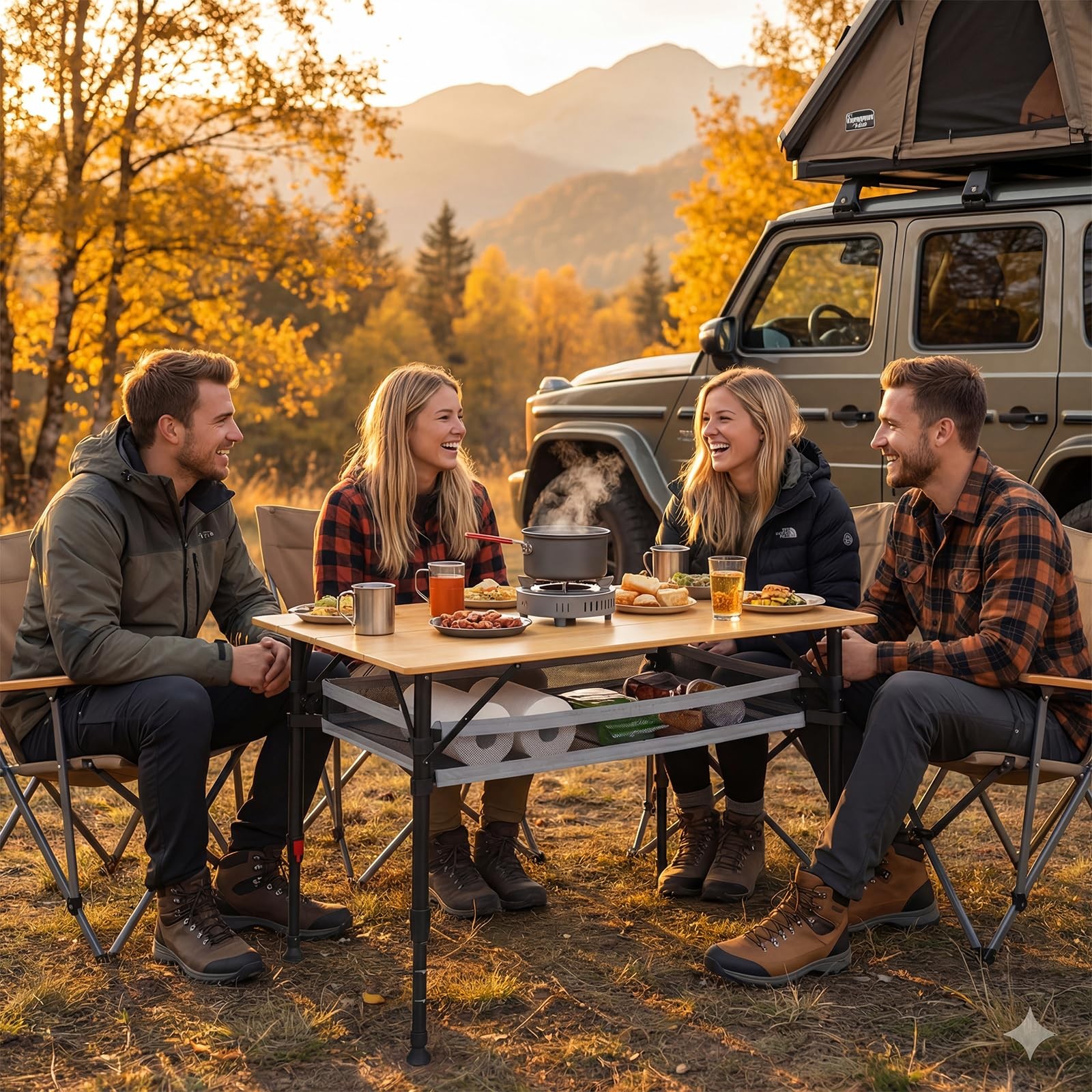39.4'' Large Bamboo Camping Table, Adjustable Height Folding Outdoor Table wi...