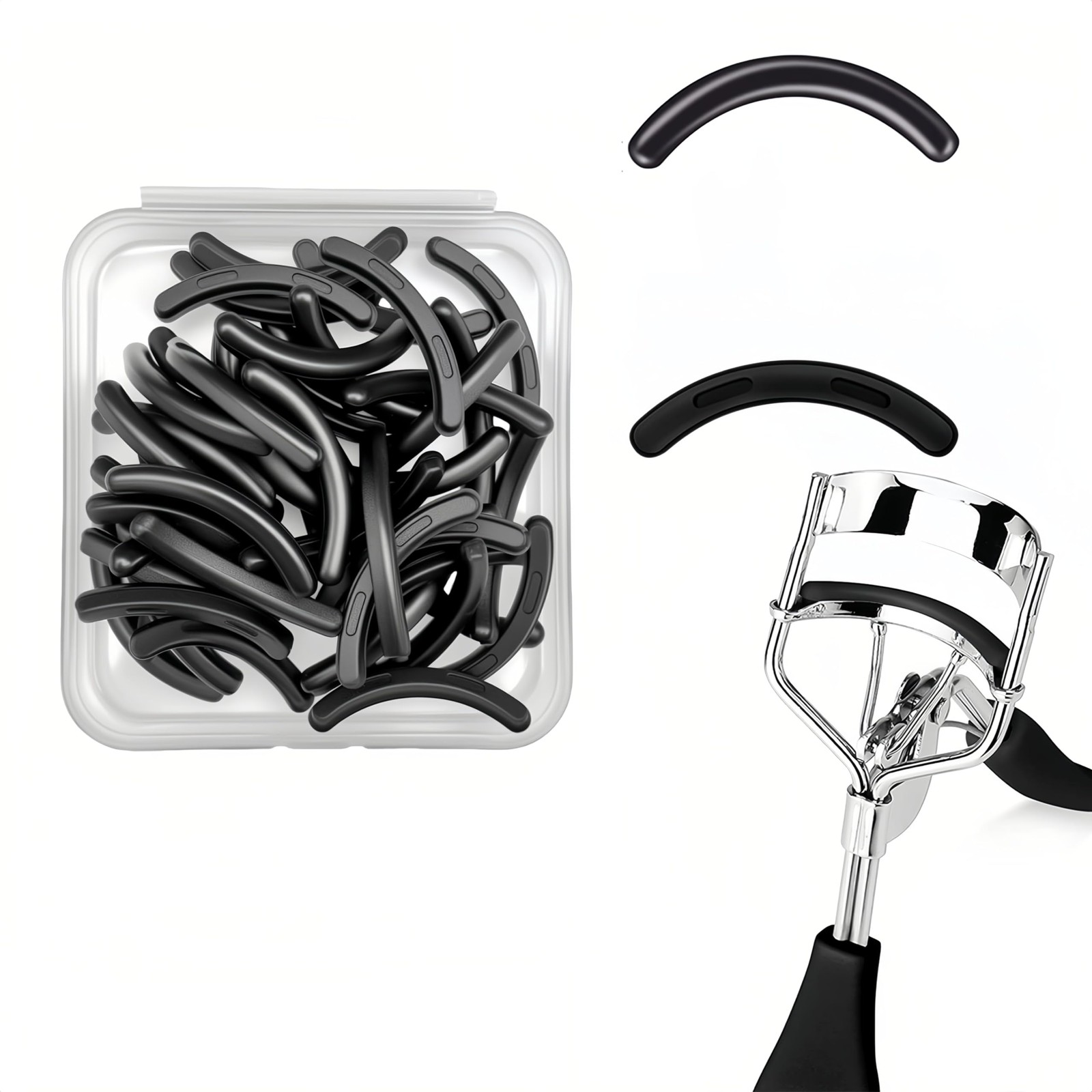 100 PCS Eyelash Curler Refills Silicone Rubber Universal Pad Clear Box Black