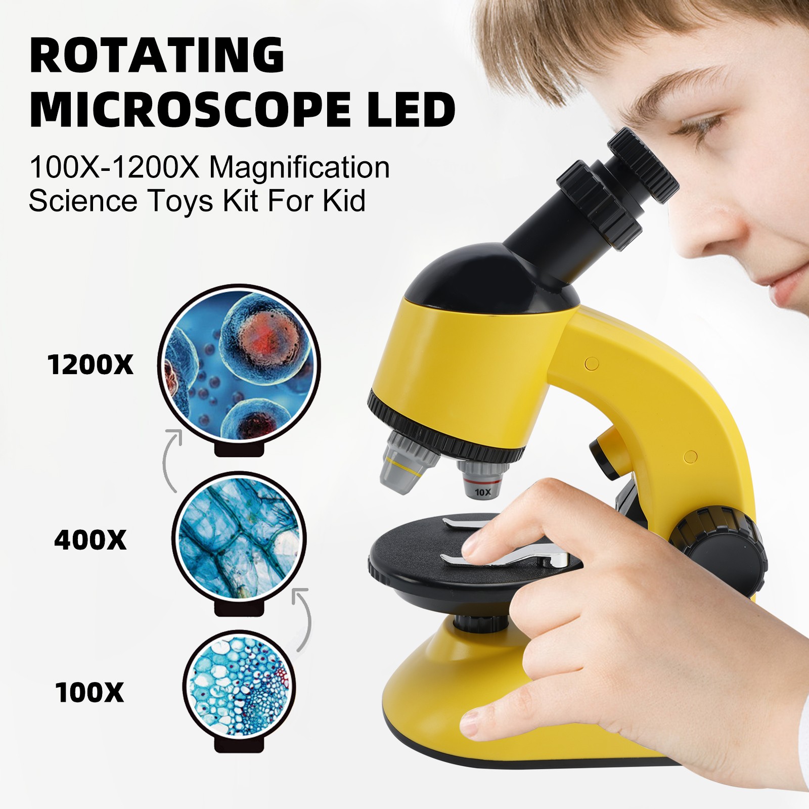 Rotating Microscope LED 100X-1200X Magnification Science Toys Kit For Kid Yellow