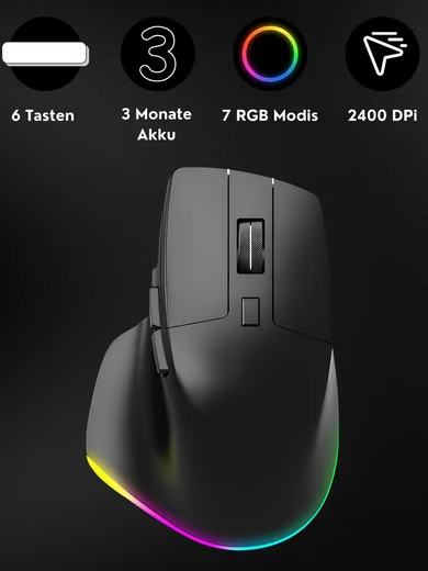 RGB Gaming Mouse Wireless Bluetooth USB-C 2400 DPI Ergonomic Vertical